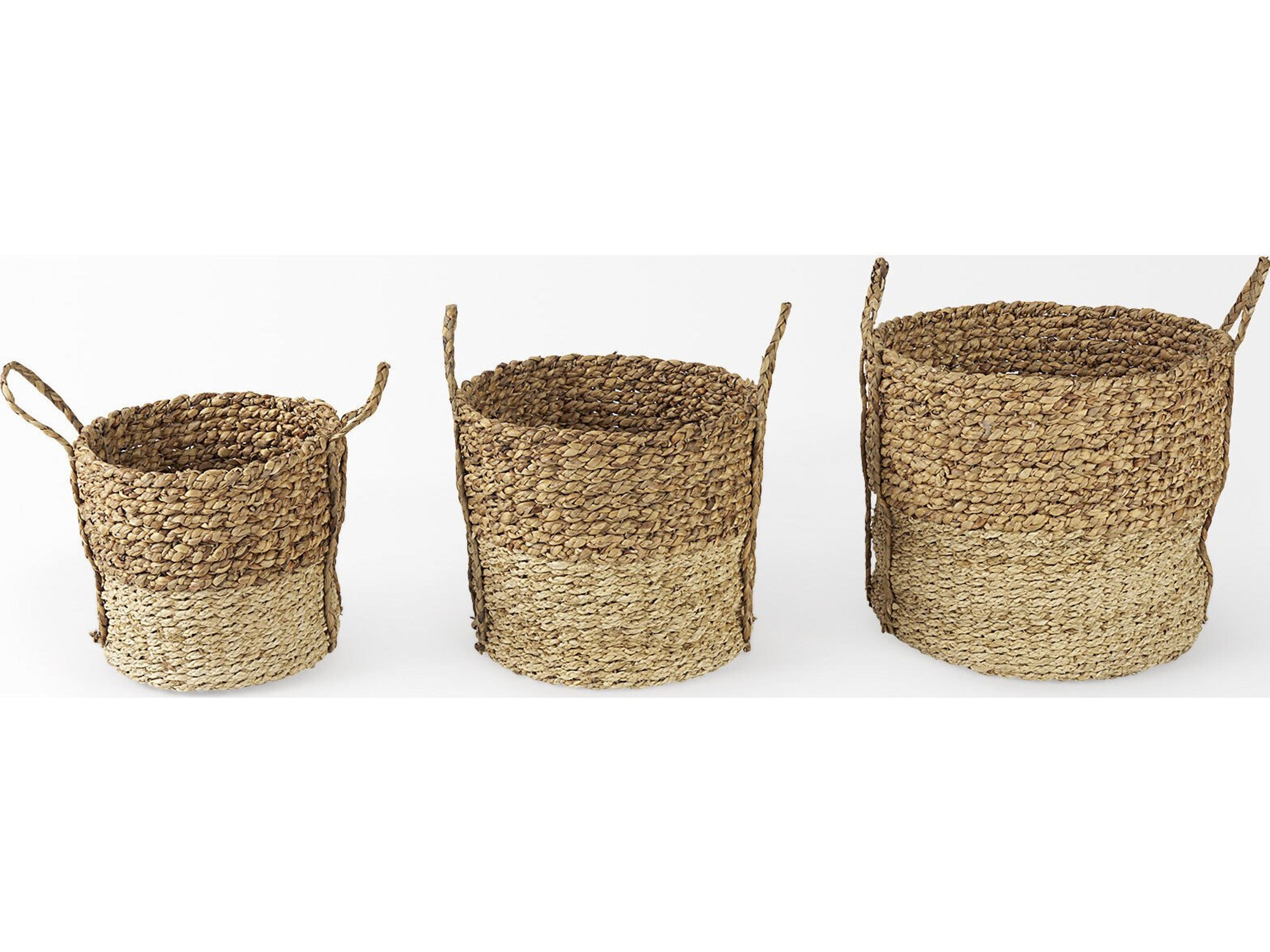 Mercana Morocco 15.7L x 15.7 (Set of 3) Brown Two Tone Water Hyacinth and Cornhusk Round Basket W/ Handles
