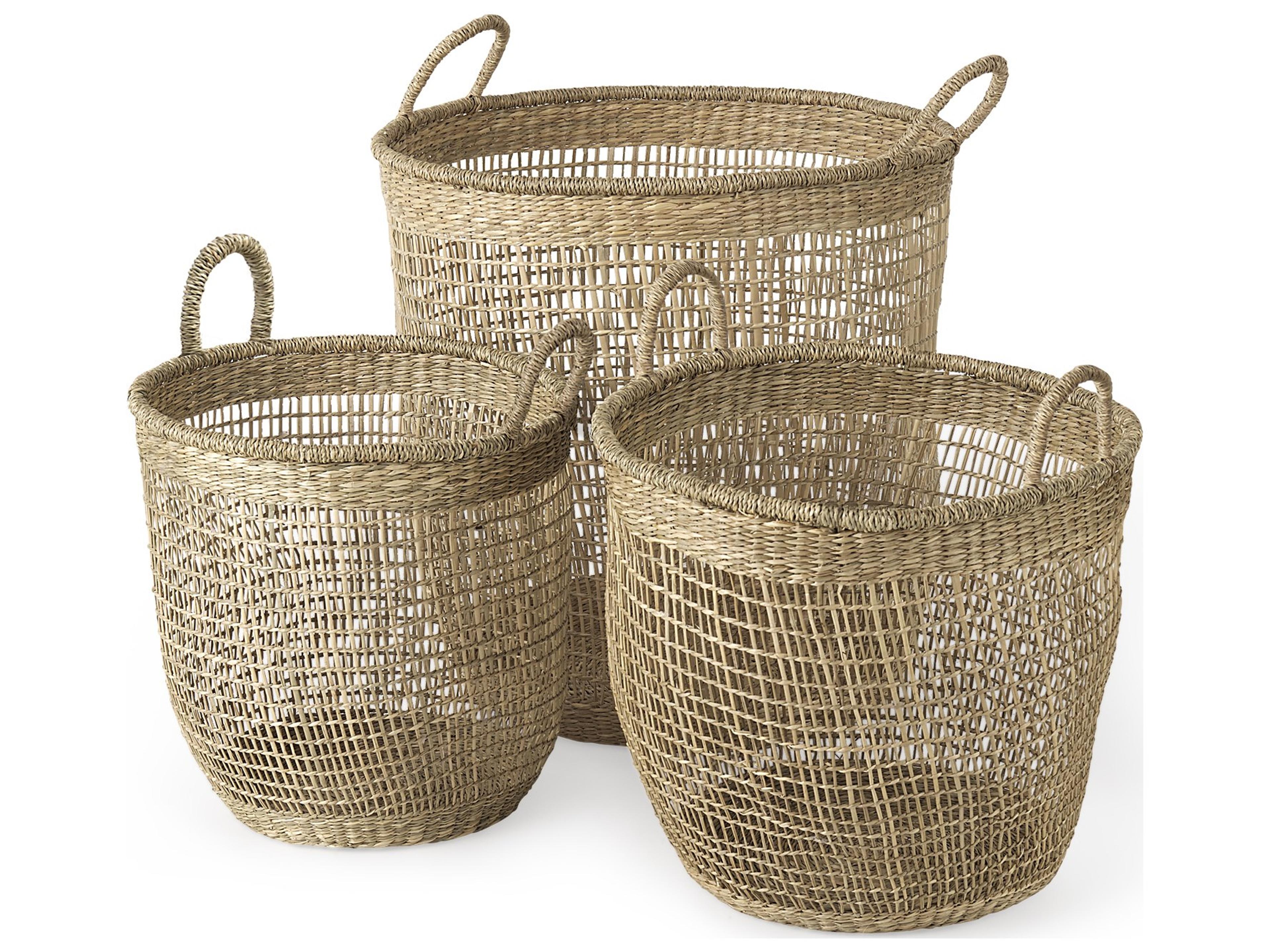 Mercana Bowie 19.7L x 19.7W x 19.7H (Set of 3) Medium Brown Seagrass Round Basket W/ Handles