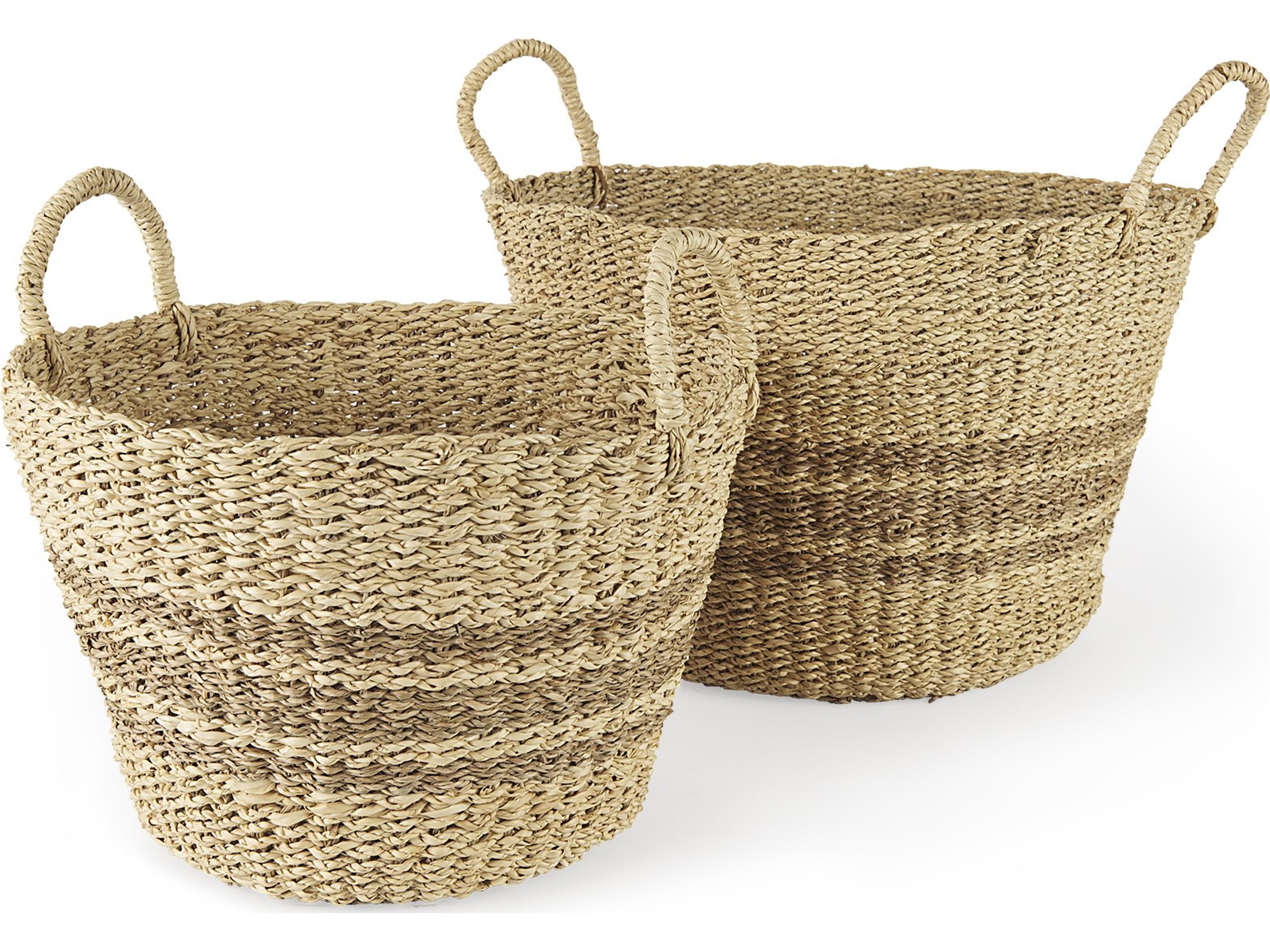 Mercana Vance 17.7L x 17.7W x 11.8H Light Brown Palm Leaf and Seagrass Round Basket W/ Handles