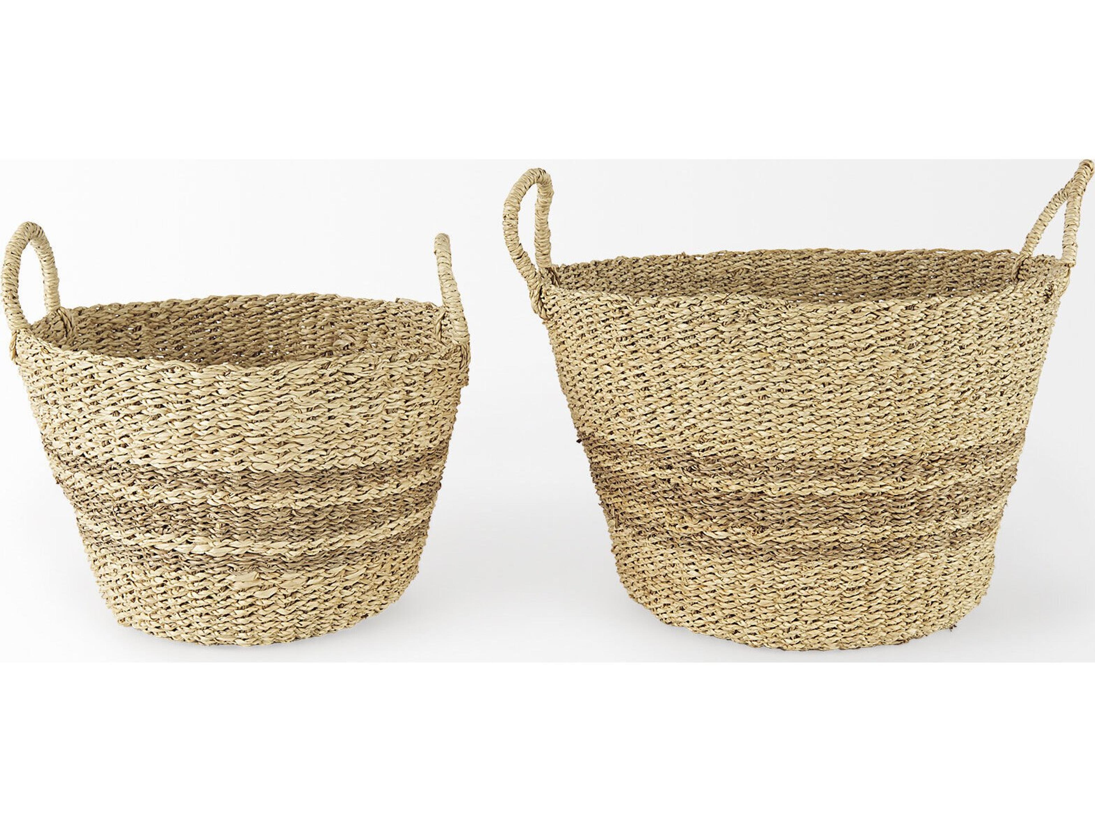 Mercana Vance 17.7L x 17.7W x 11.8H Light Brown Palm Leaf and Seagrass Round Basket W/ Handles