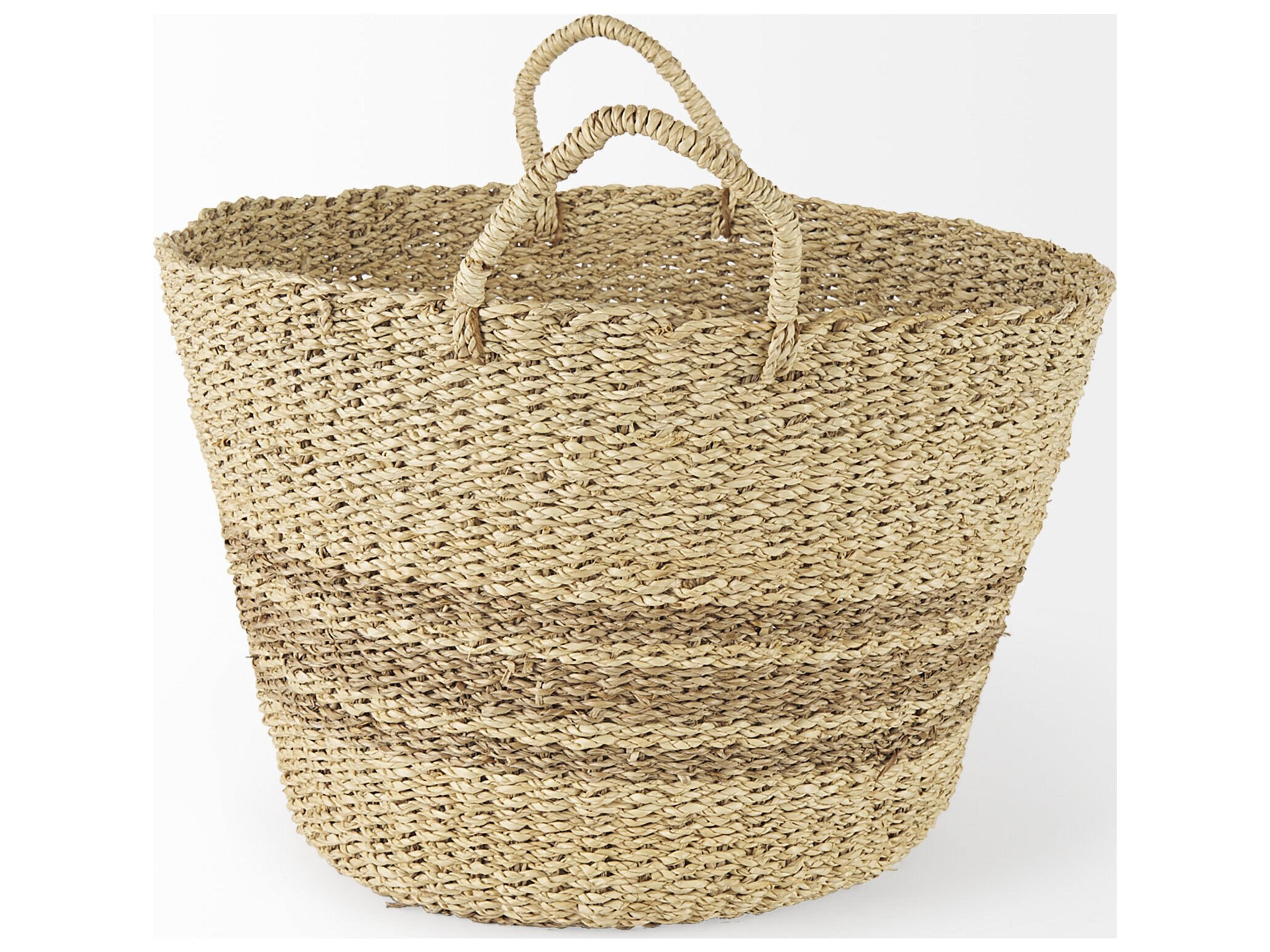 Mercana Vance 17.7L x 17.7W x 11.8H Light Brown Palm Leaf and Seagrass Round Basket W/ Handles