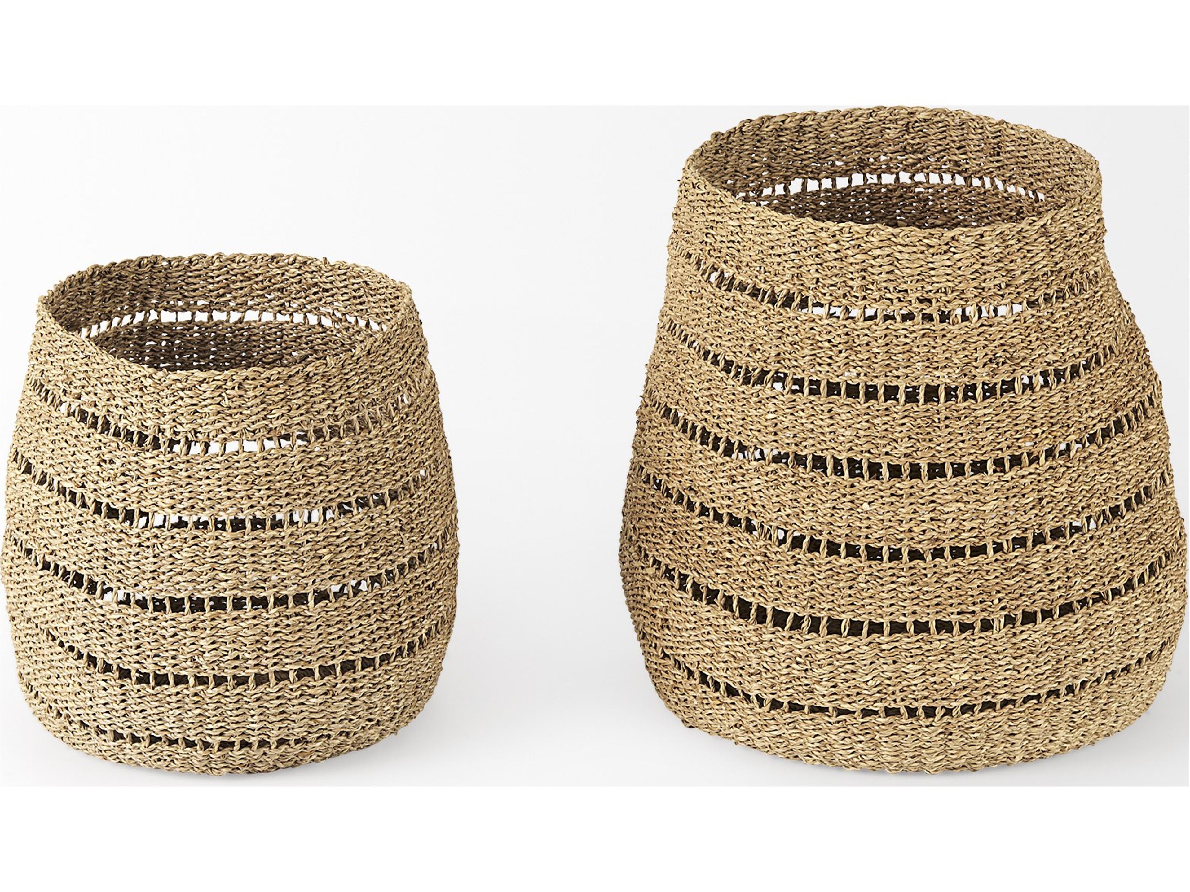 Mercana Hayes 17.7L x 17.7W x 11.8H (Set of 2) Medium Brown Seagrass Round Basket with Stripe Pattern