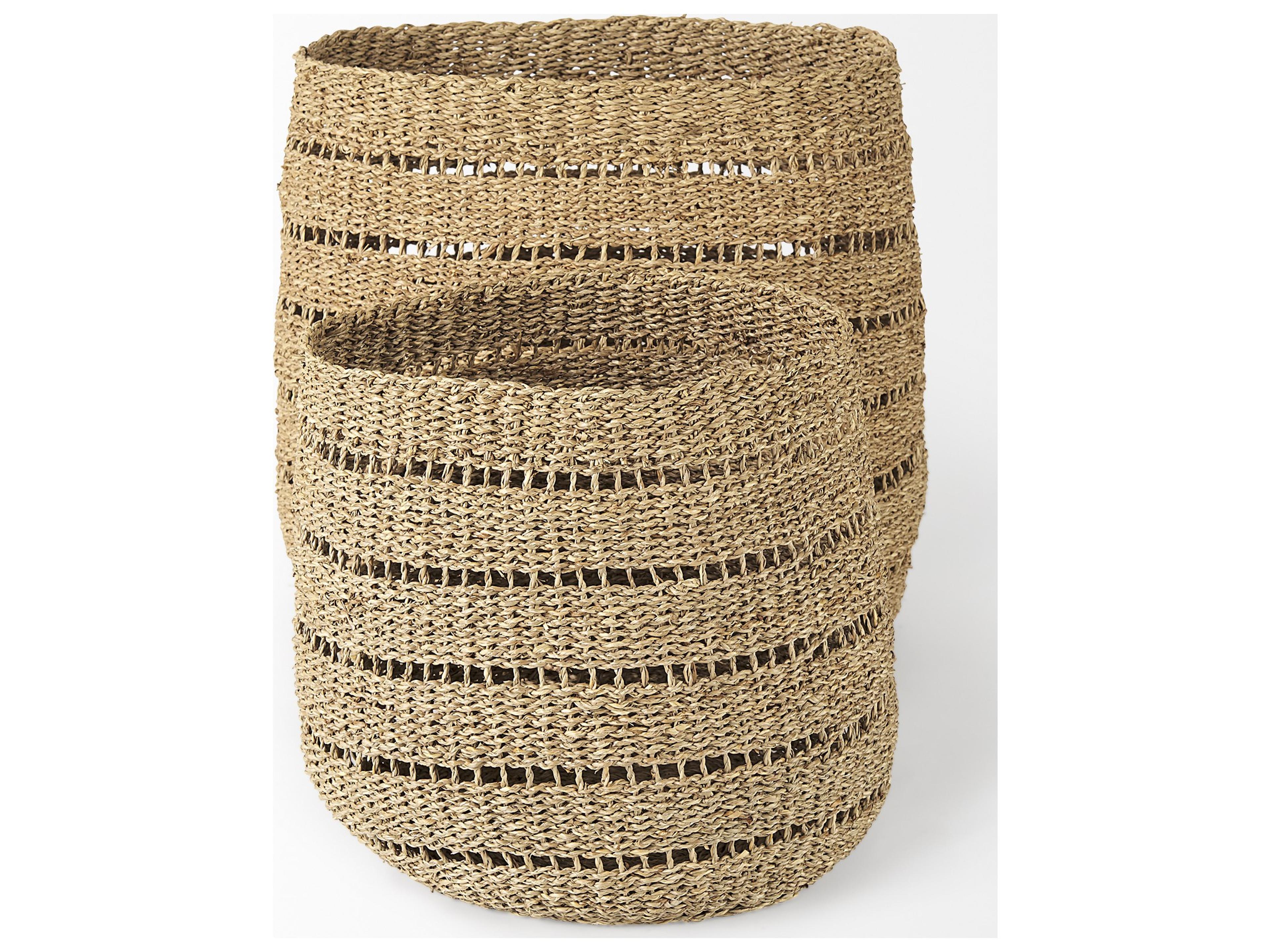 Mercana Hayes 17.7L x 17.7W x 11.8H (Set of 2) Medium Brown Seagrass Round Basket with Stripe Pattern