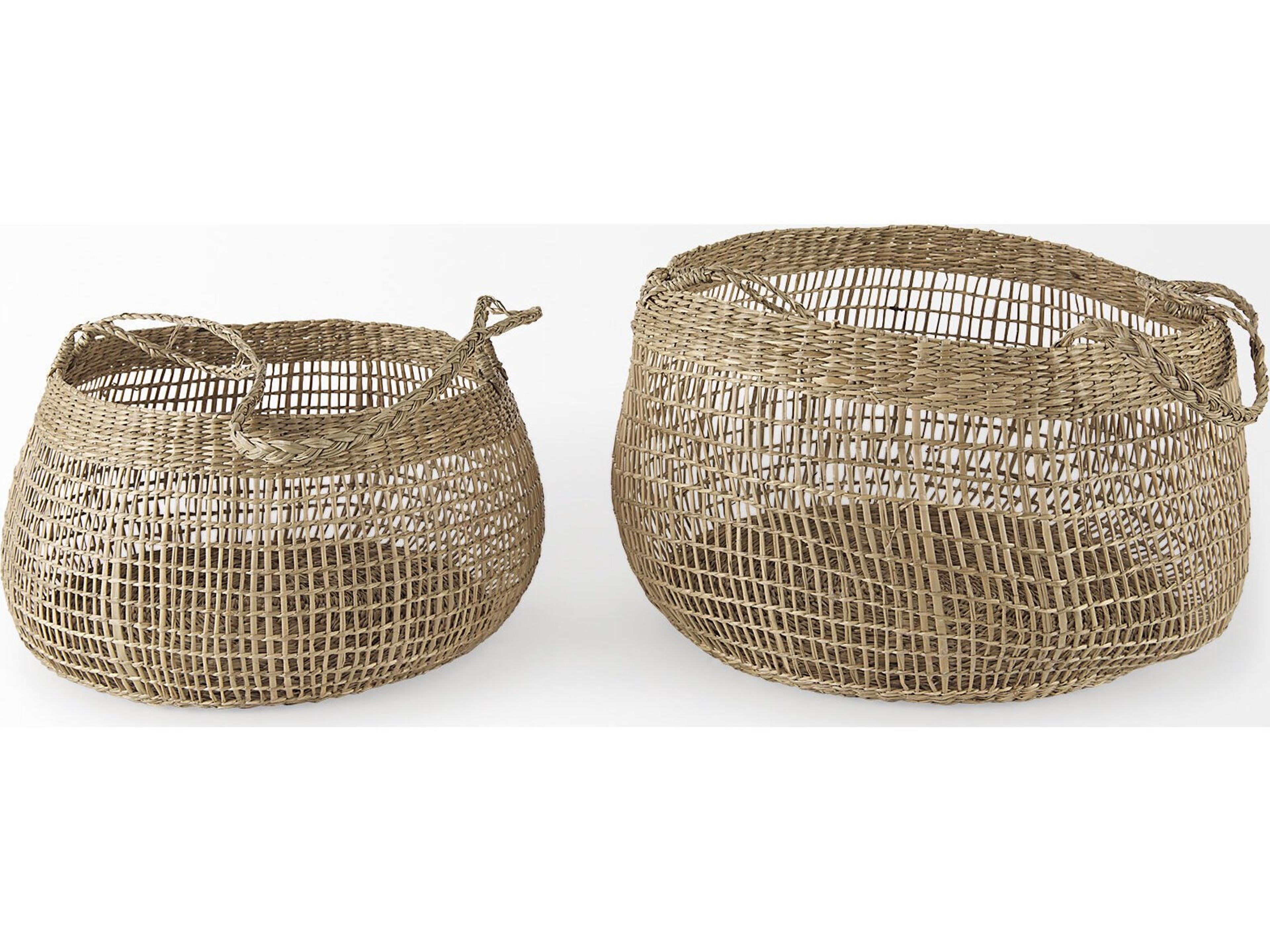 Mercana Nova 15.0L x 15.0W x 9.4H (Set of 2) Light Brown Seagrass Woven Round Basket W/ Long Handle