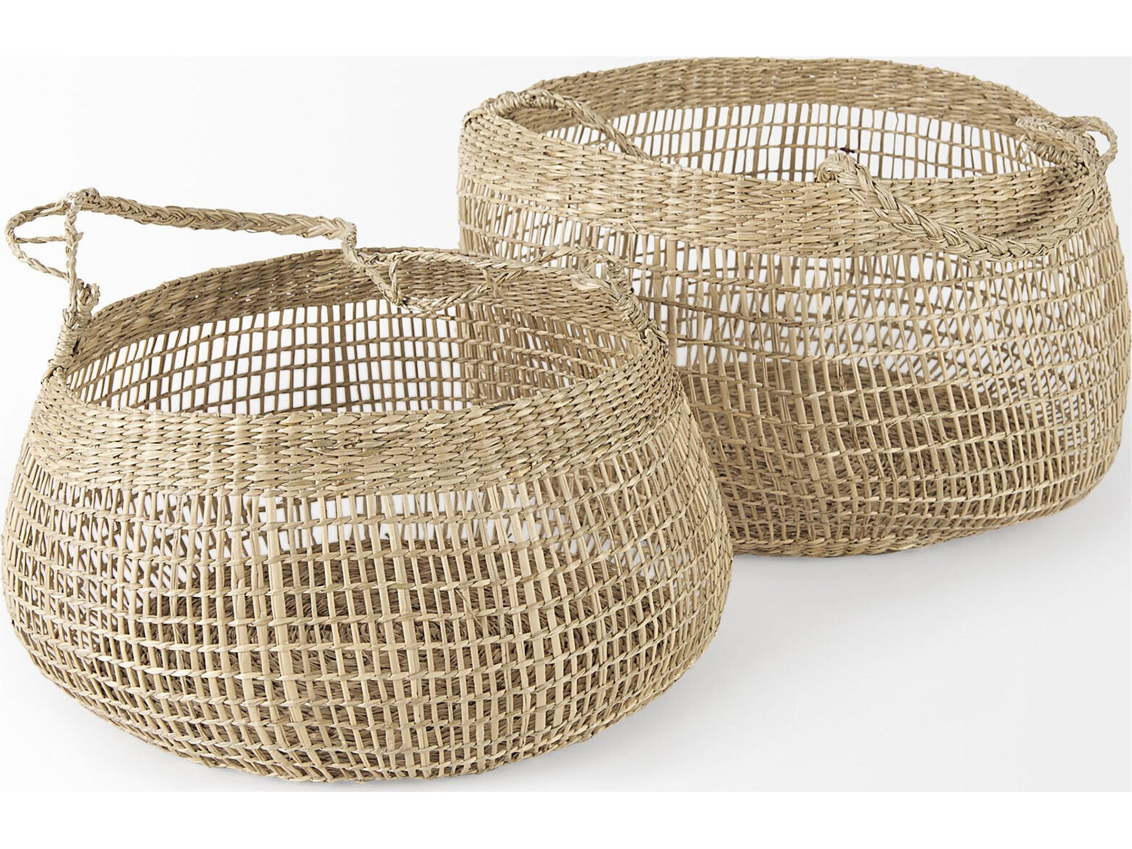 Mercana Nova 15.0L x 15.0W x 9.4H (Set of 2) Light Brown Seagrass Woven Round Basket W/ Long Handle