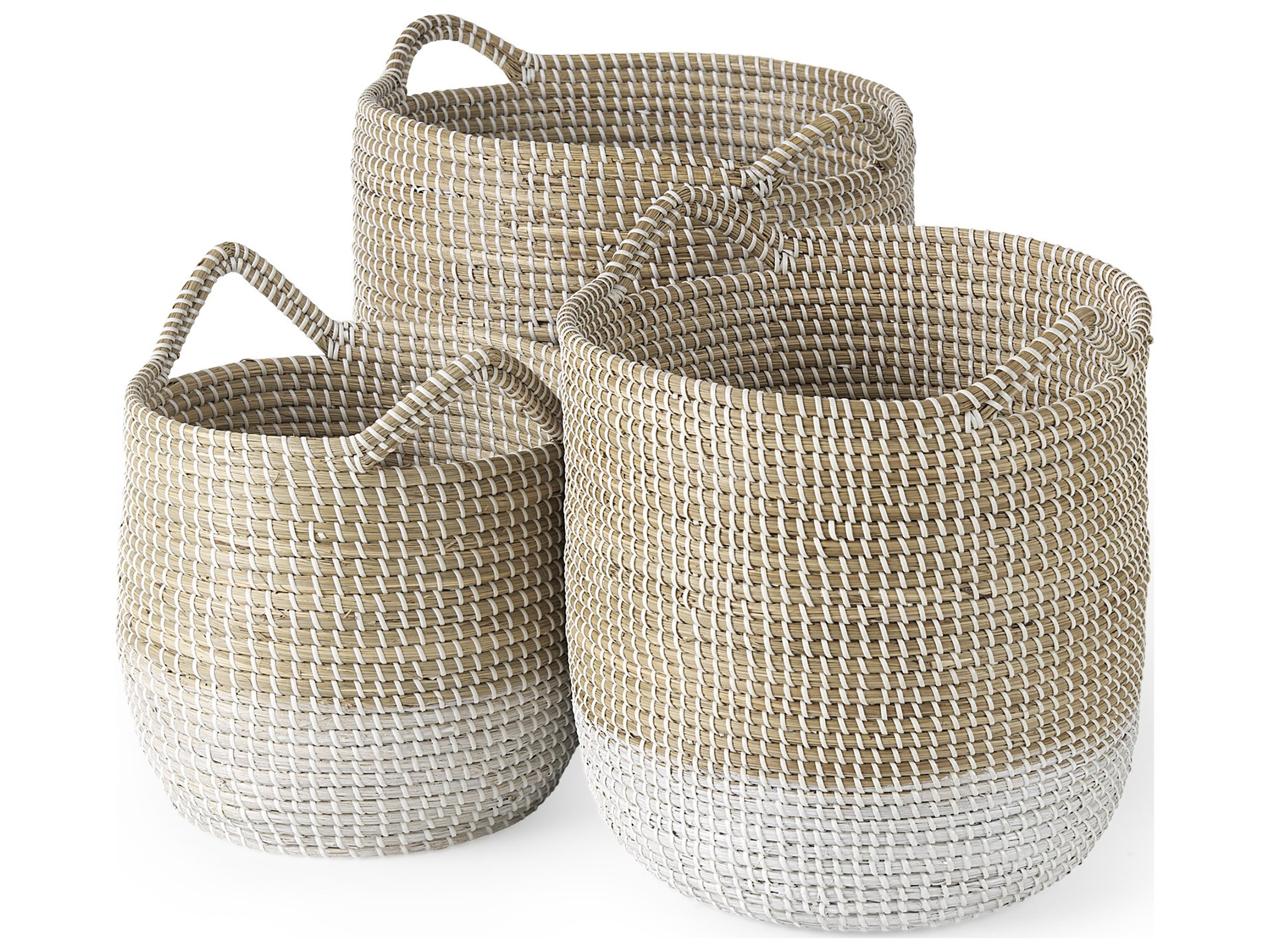 Mercana Maddie 13.8L x 13.8W X 15.0H (Set of 3) Light Brown W/White Dipped Seagrass Round Basket  W/ Handles