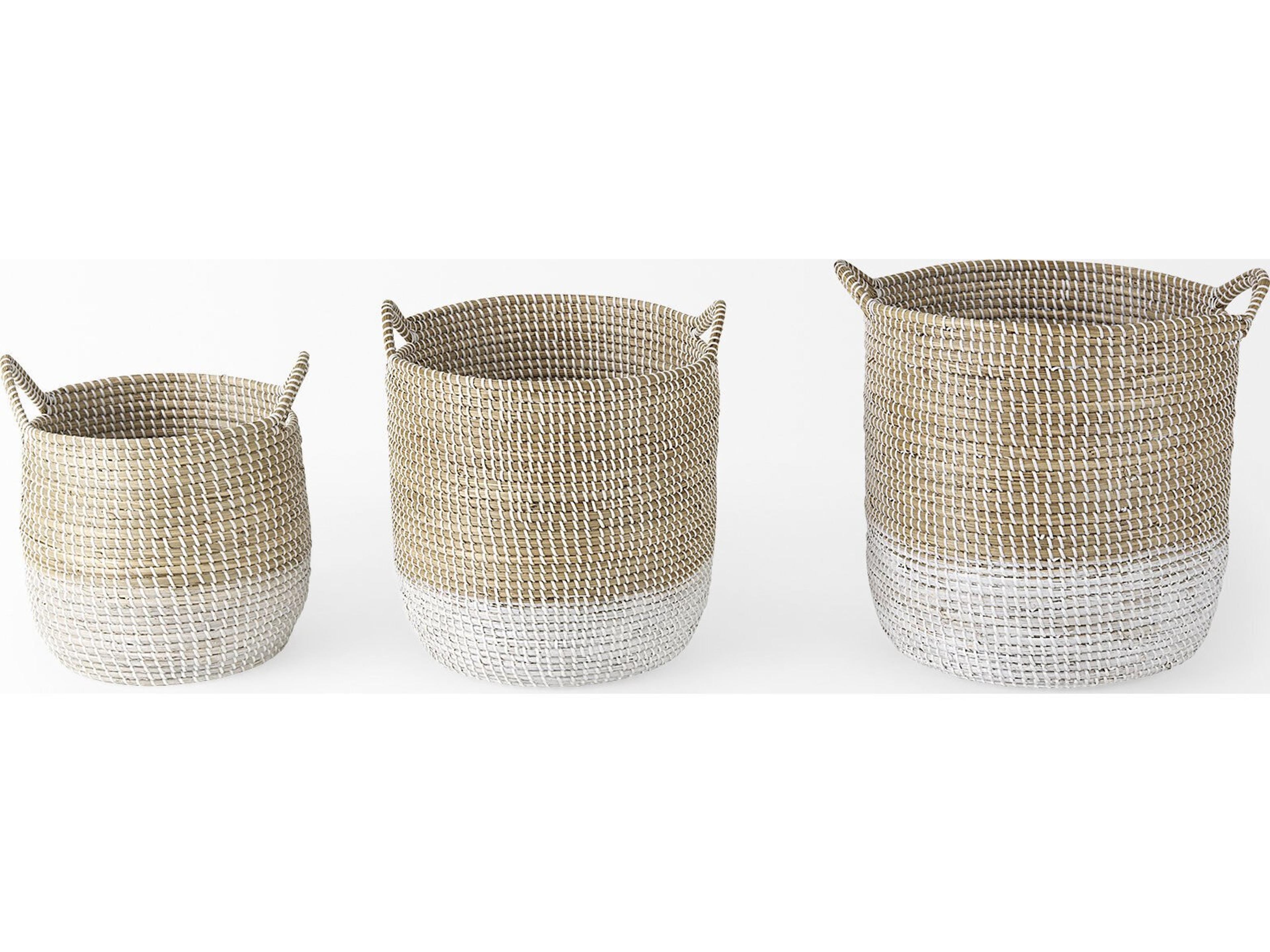 Mercana Maddie 13.8L x 13.8W X 15.0H (Set of 3) Light Brown W/White Dipped Seagrass Round Basket  W/ Handles