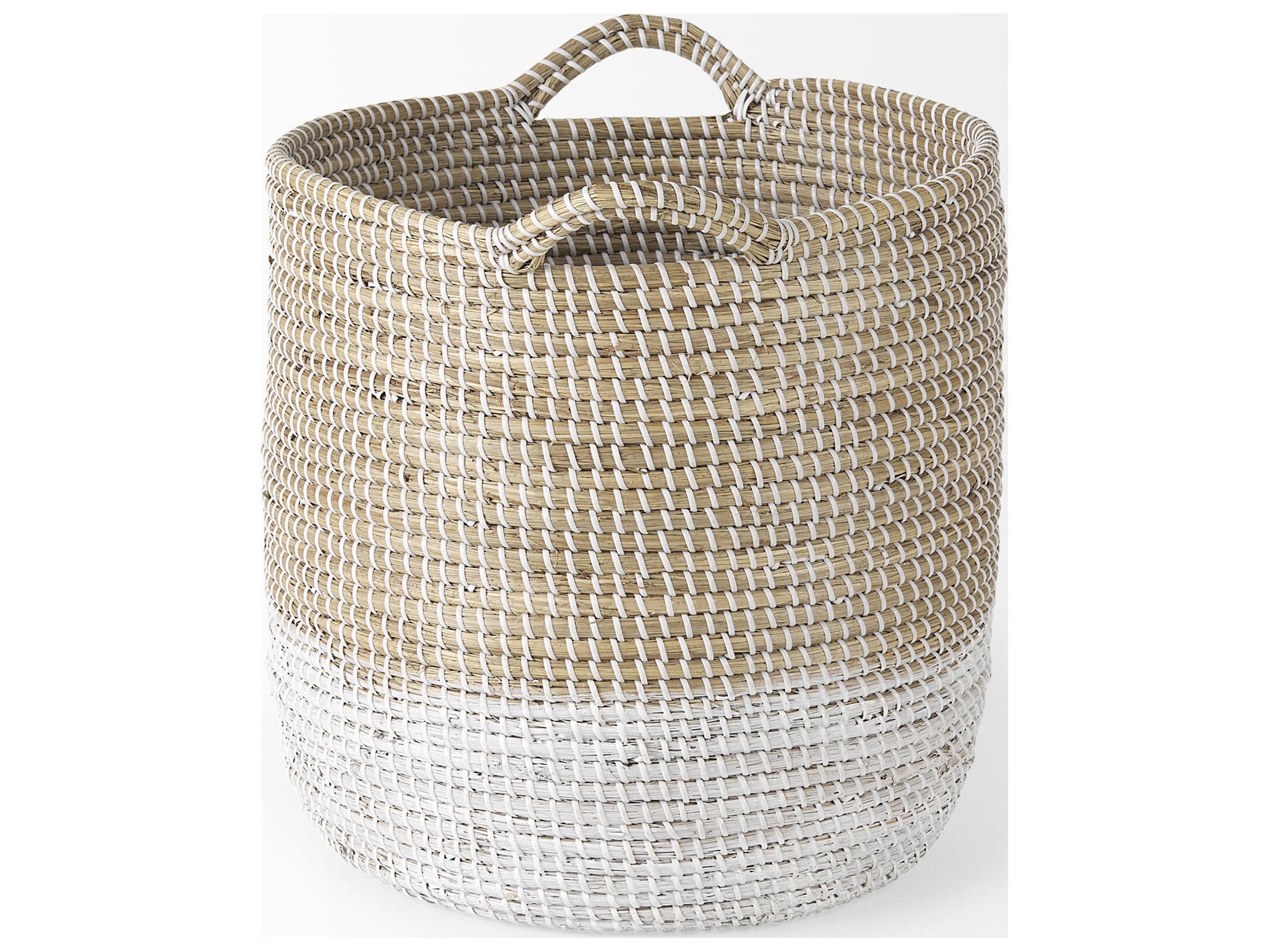 Mercana Maddie 13.8L x 13.8W X 15.0H (Set of 3) Light Brown W/White Dipped Seagrass Round Basket  W/ Handles