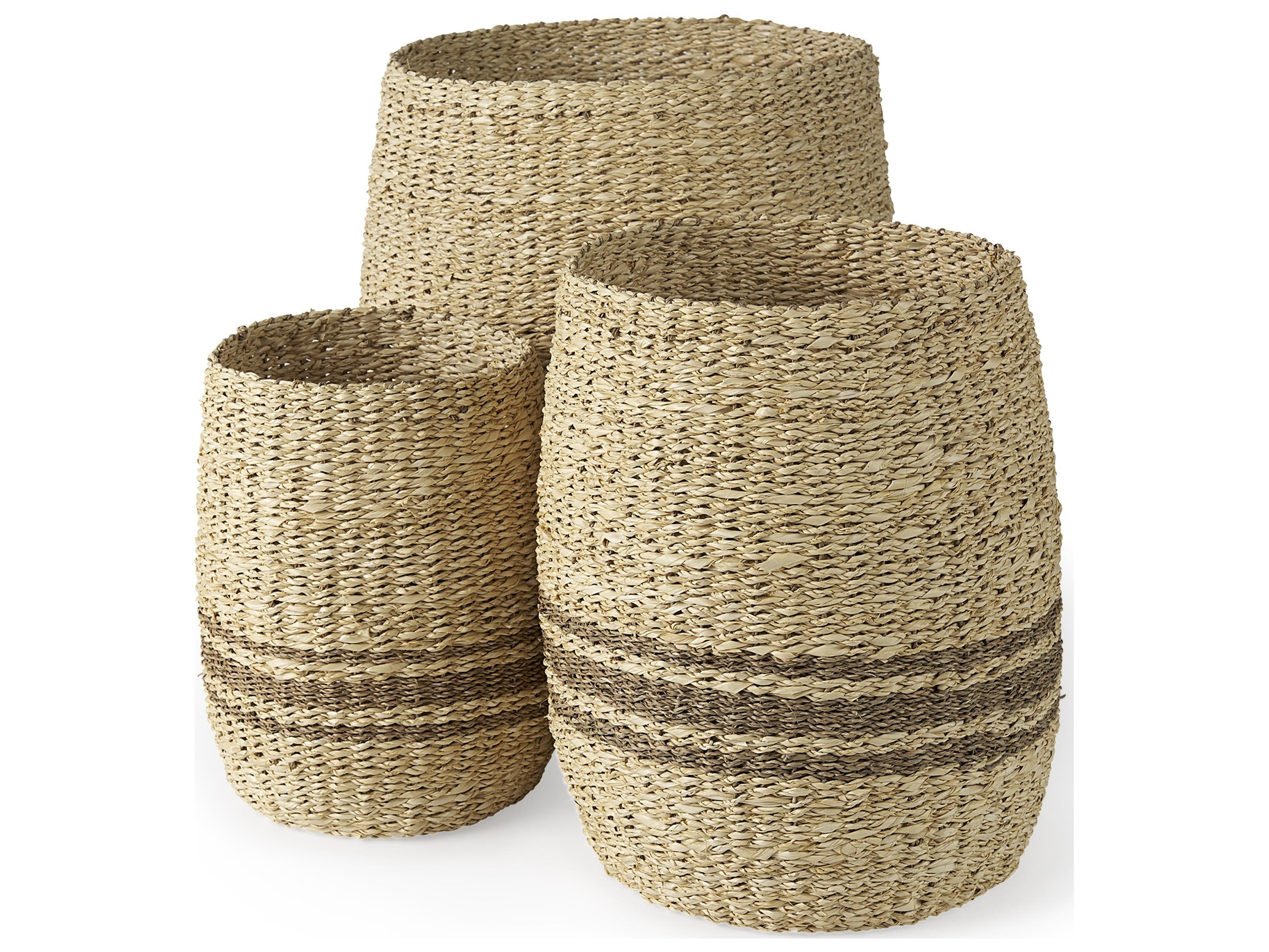 Mercana Sivannah 19.7L x 19.7W x 23.6H (Set of 3) Light Brown and Medium Brown Striped Seagrass Round Basket