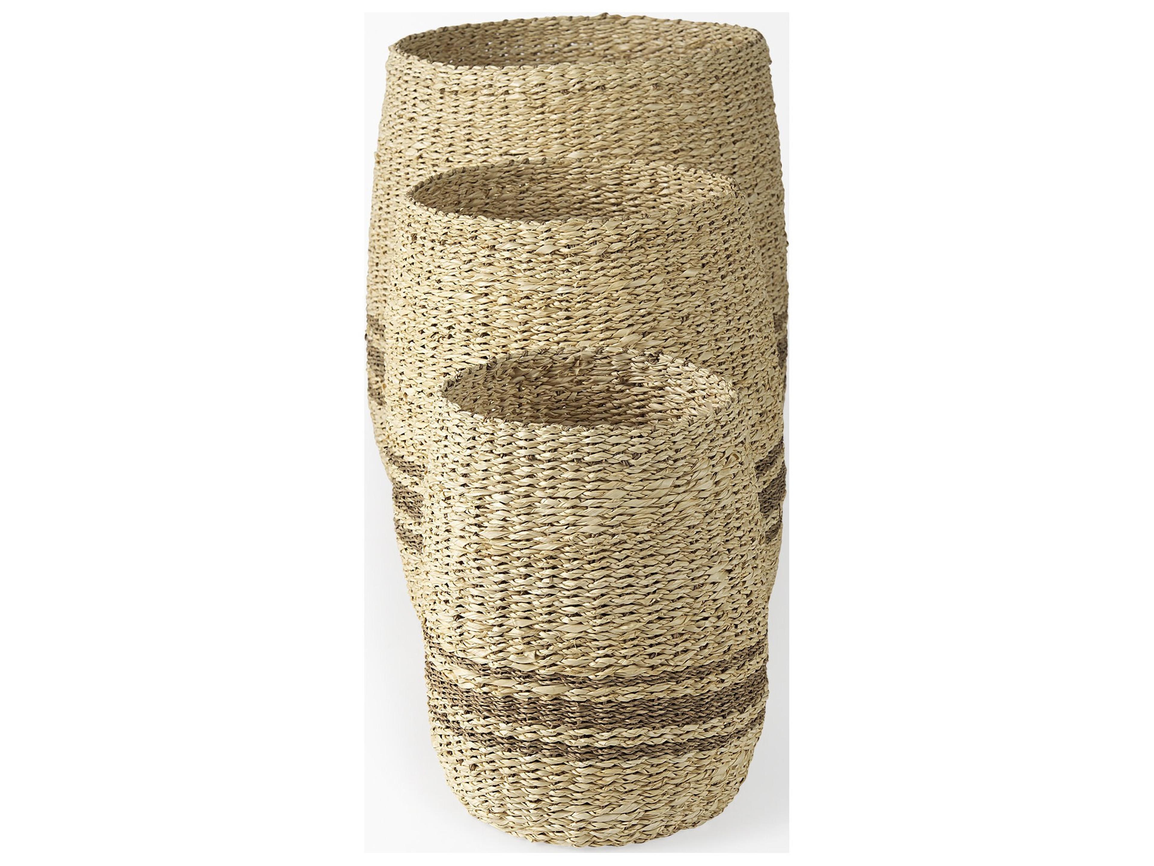 Mercana Sivannah 19.7L x 19.7W x 23.6H (Set of 3) Light Brown and Medium Brown Striped Seagrass Round Basket