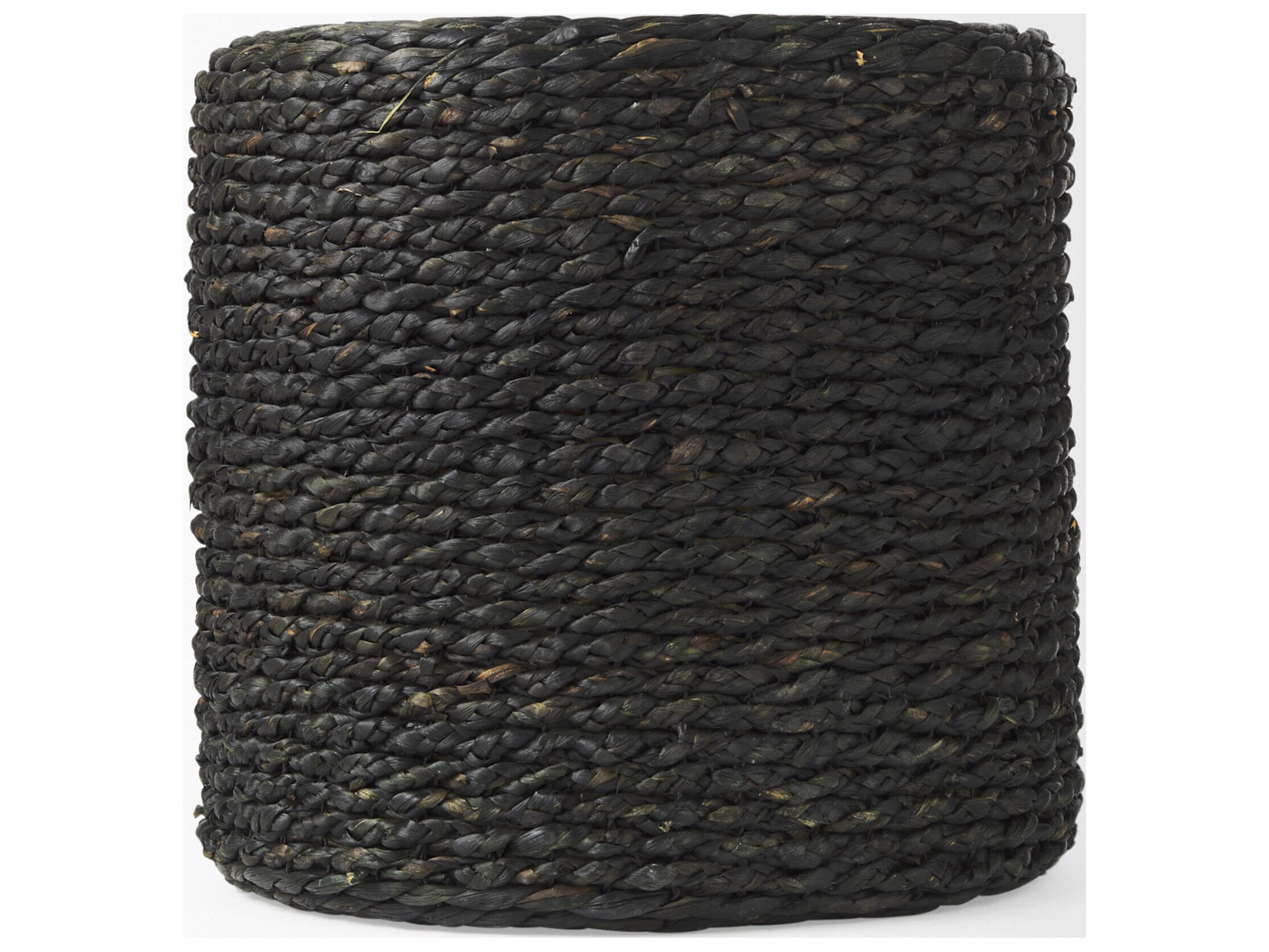 Mercana Dina 17.7L x 17.7W x 17.7H Black Cornhusk and Water Hyacinth Round Pouf