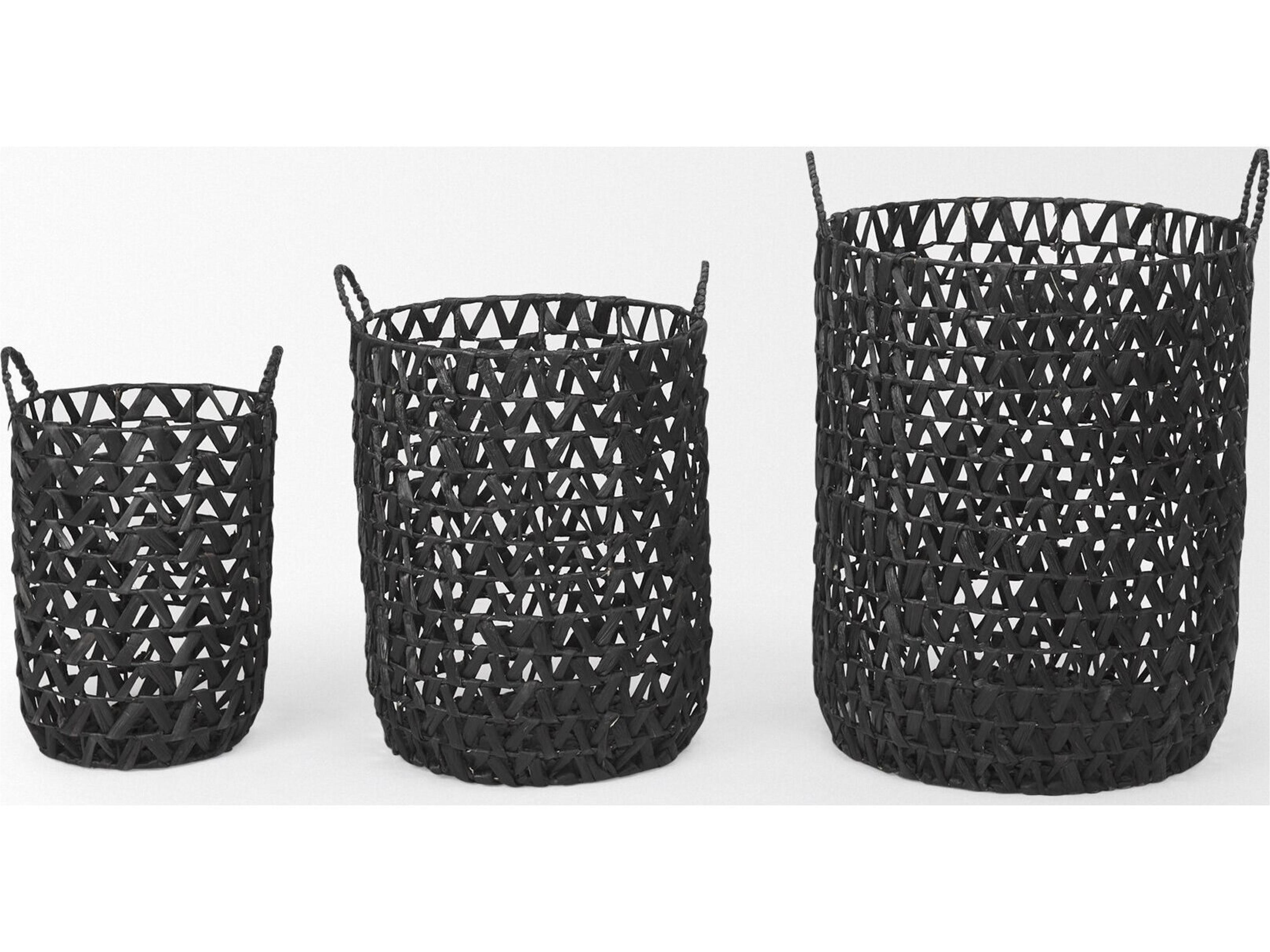 Mercana Lola 19.7L x 19.7W x 23.6 Set of 3 Black Water Hyacinth Zig Zag Weave Round Basket W/ Handles