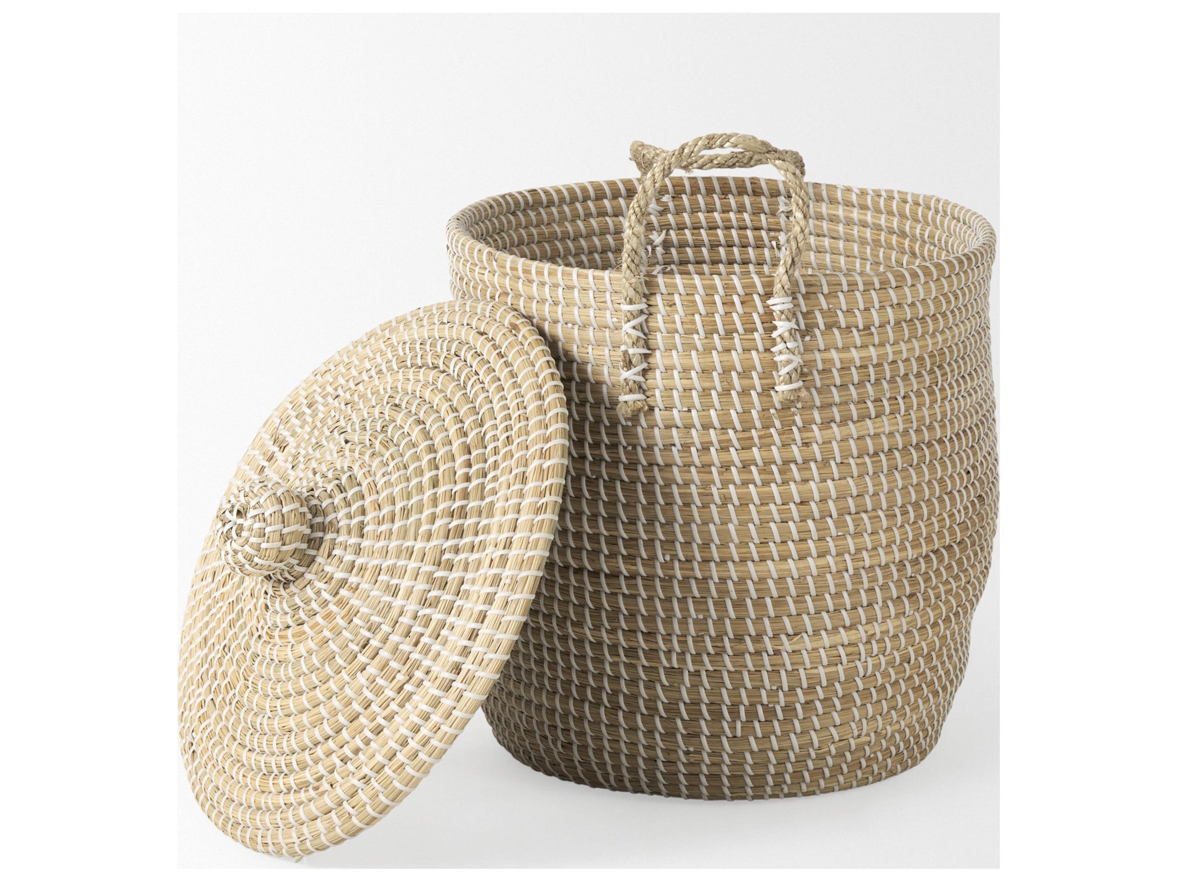 Mercana Olivia 15.7L x 15.7W x 17.3H Set of 3 Beige Seagrass Basket W/Lid and Handles