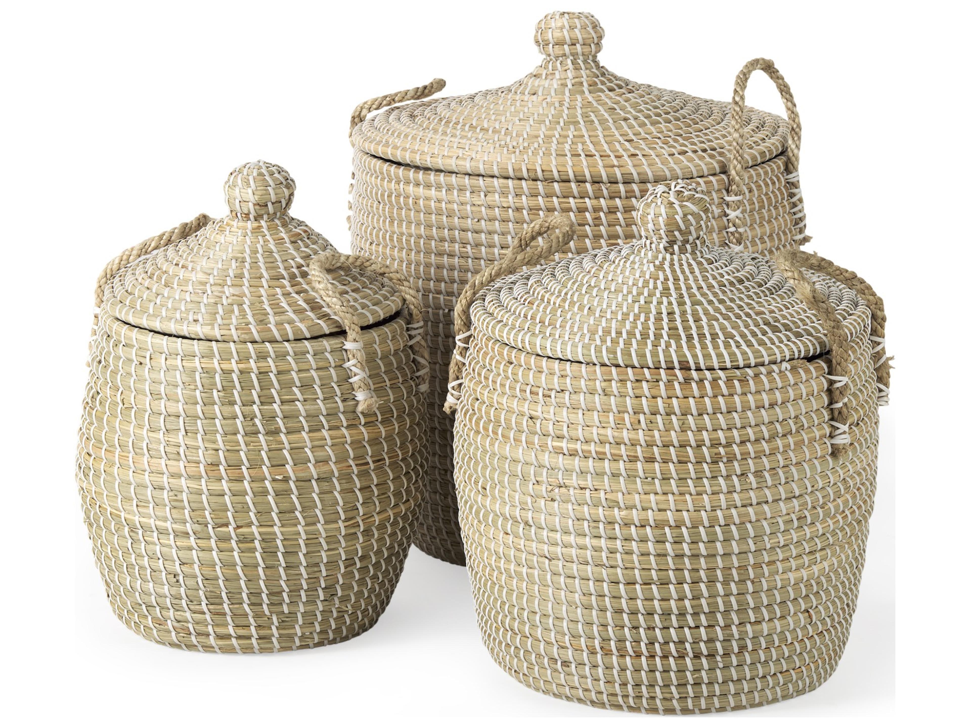 Mercana Olivia 15.7L x 15.7W x 17.3H Set of 3 Beige Seagrass Basket W/Lid and Handles