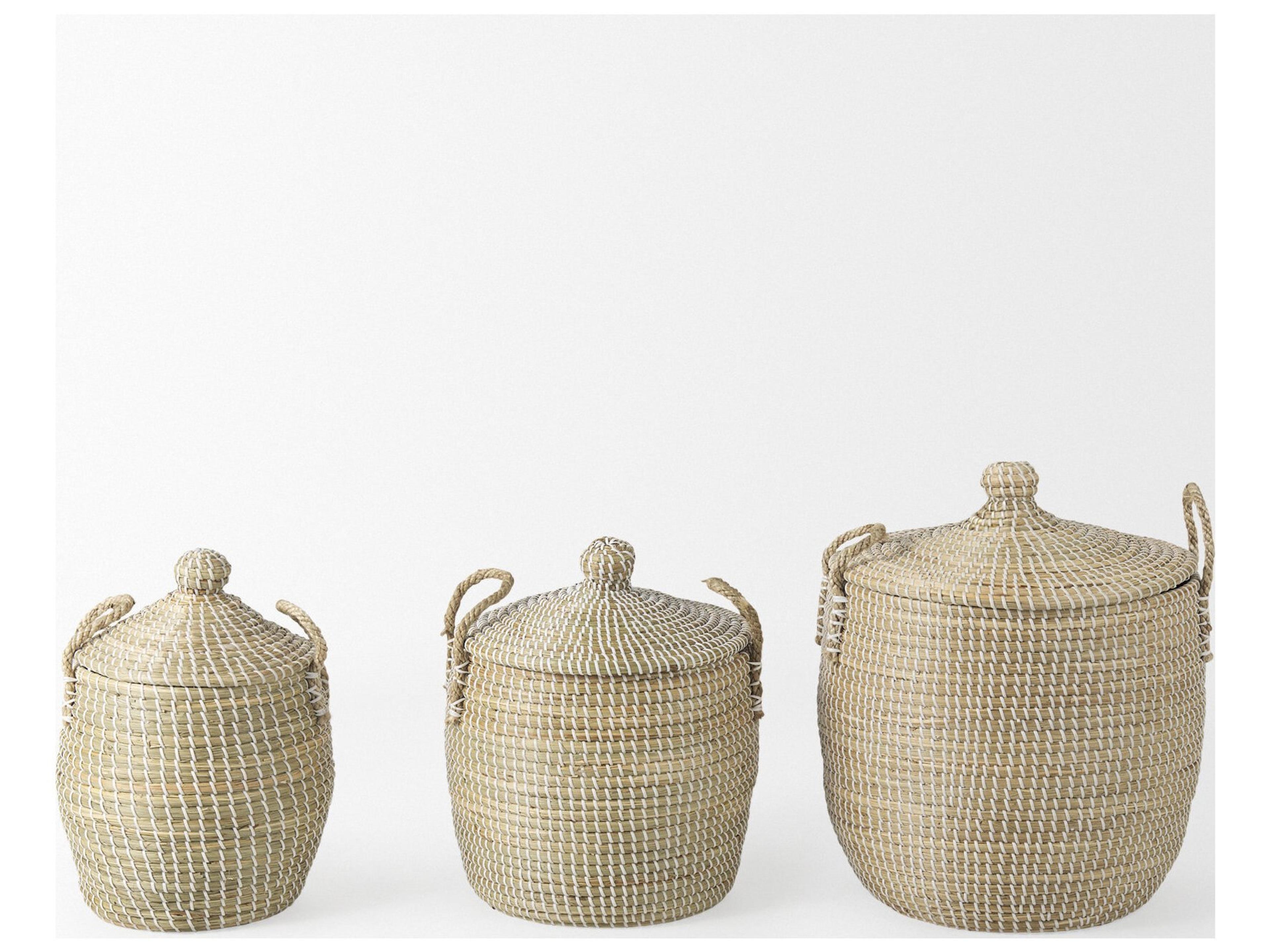 Mercana Olivia 15.7L x 15.7W x 17.3H Set of 3 Beige Seagrass Basket W/Lid and Handles