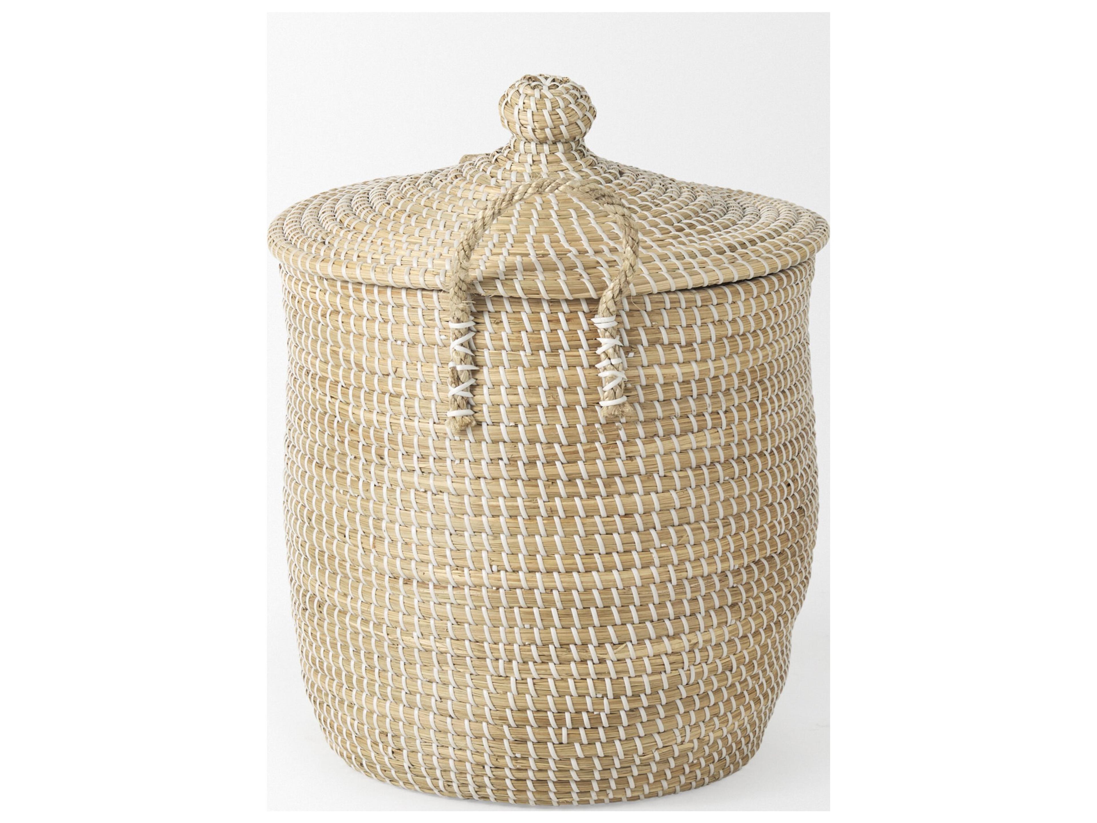 Mercana Olivia 15.7L x 15.7W x 17.3H Set of 3 Beige Seagrass Basket W/Lid and Handles