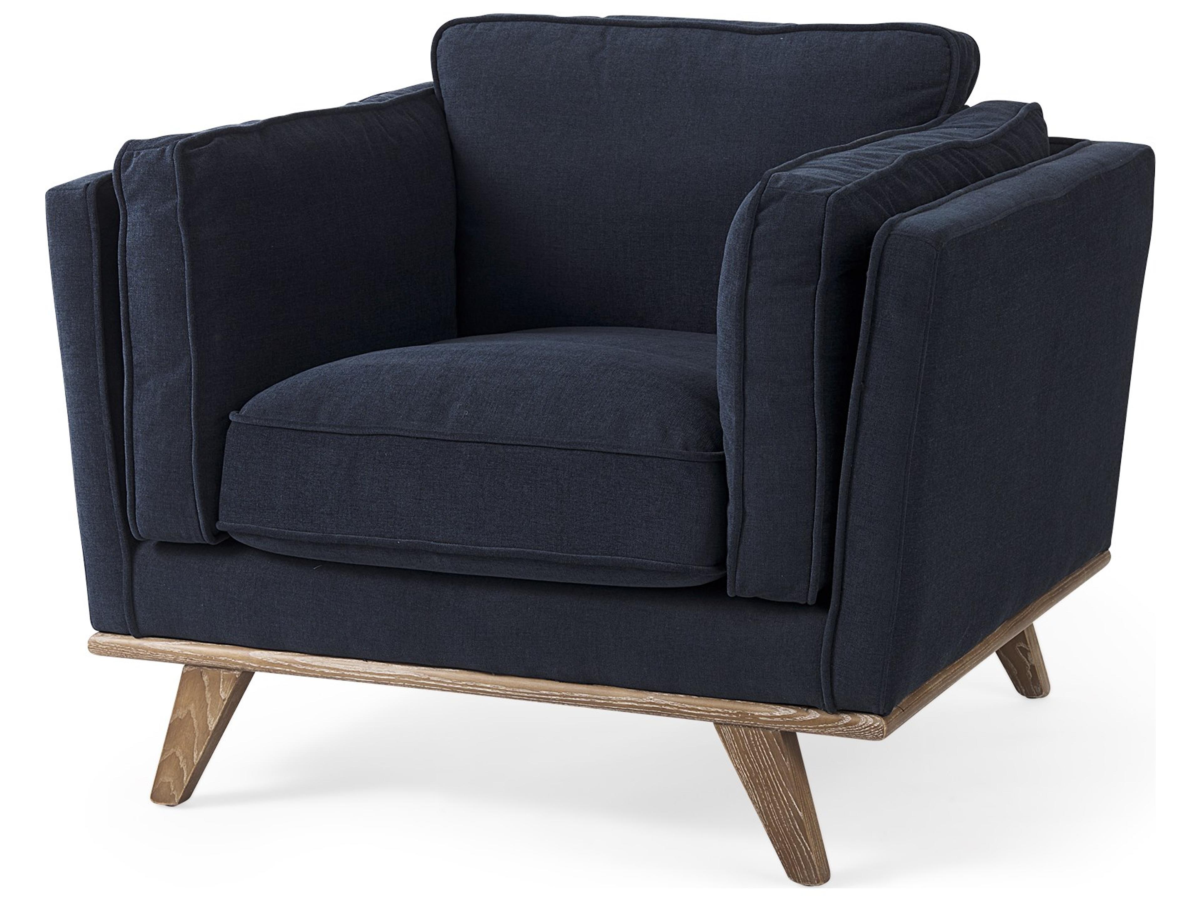 Brooks 41.7L x 34.8W x 33.5H Navy Blue Fabric Chair W/ Medium Brown Wooden Legs