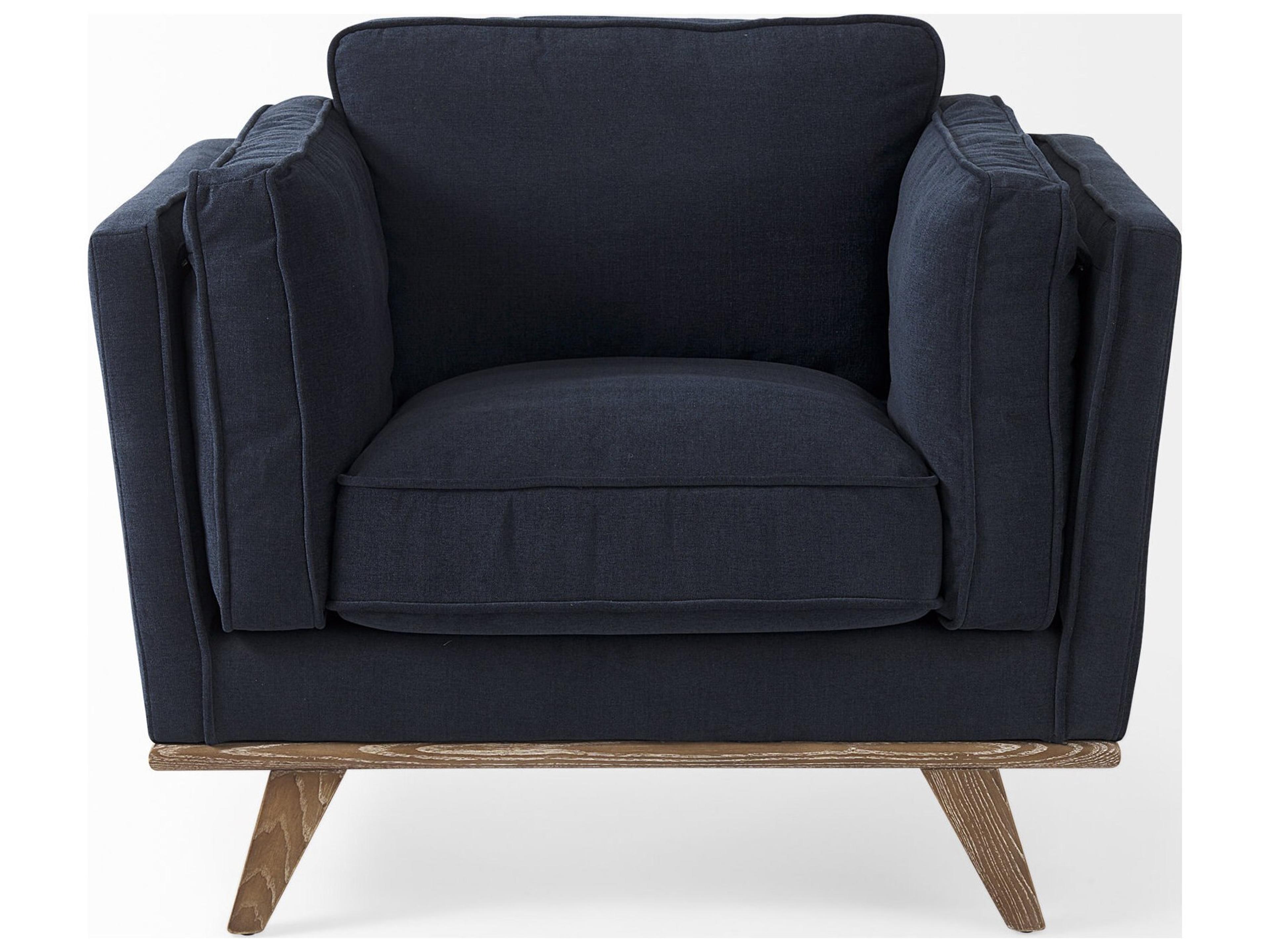 Mercana Brooks 41.7L x 34.8W x 33.5H Navy Blue Fabric Chair W/ Medium Brown Wooden Legs