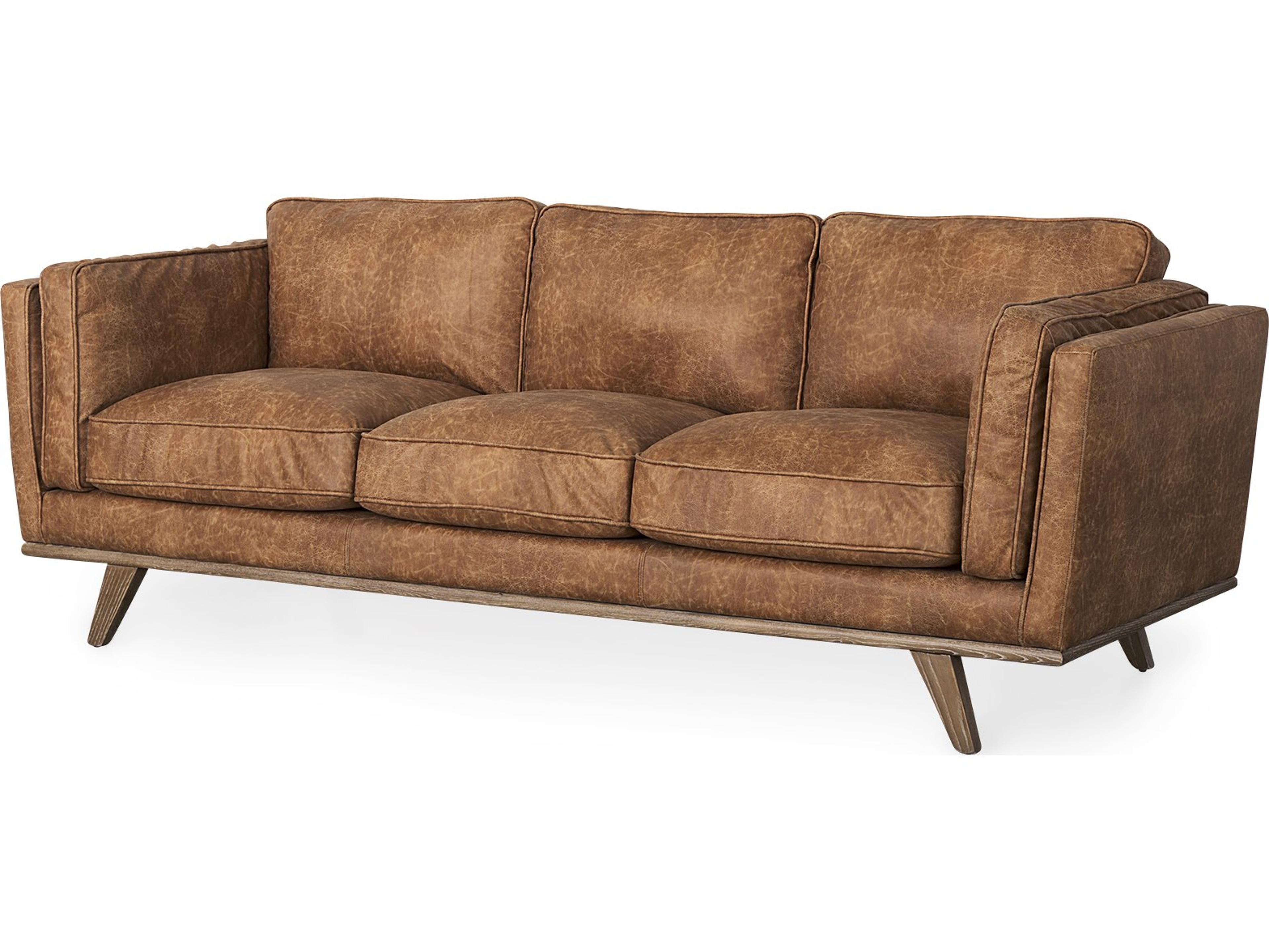 Brooks 90.2L x 34.8W x 33.5H Cognac Brown Faux Leather Three Seater Sofa W/ Medium Brown Wooden Legs
