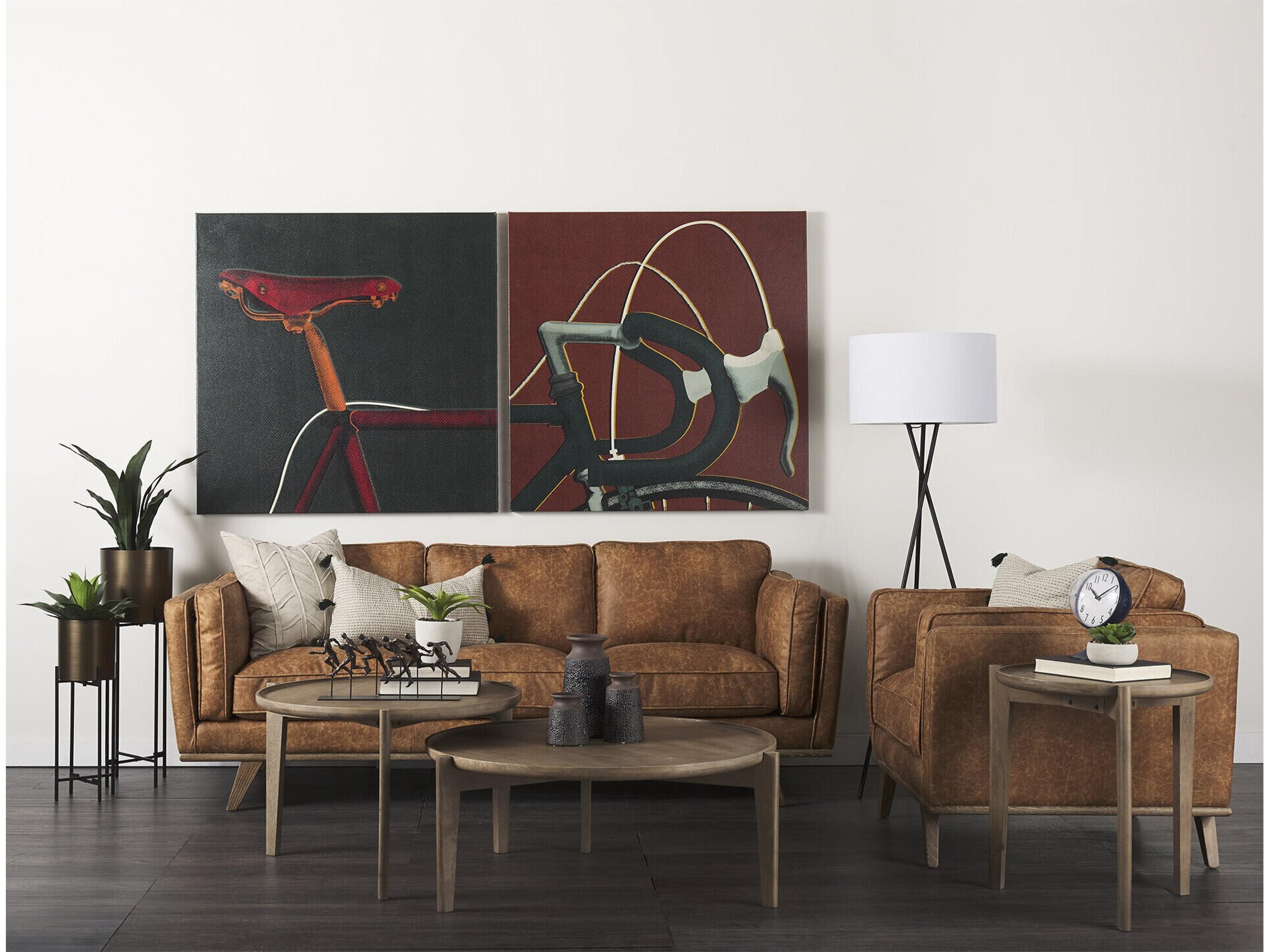 Mercana Brooks 90.2L x 34.8W x 33.5H Cognac Brown Faux Leather Three Seater Sofa W/ Medium Brown Wooden Legs