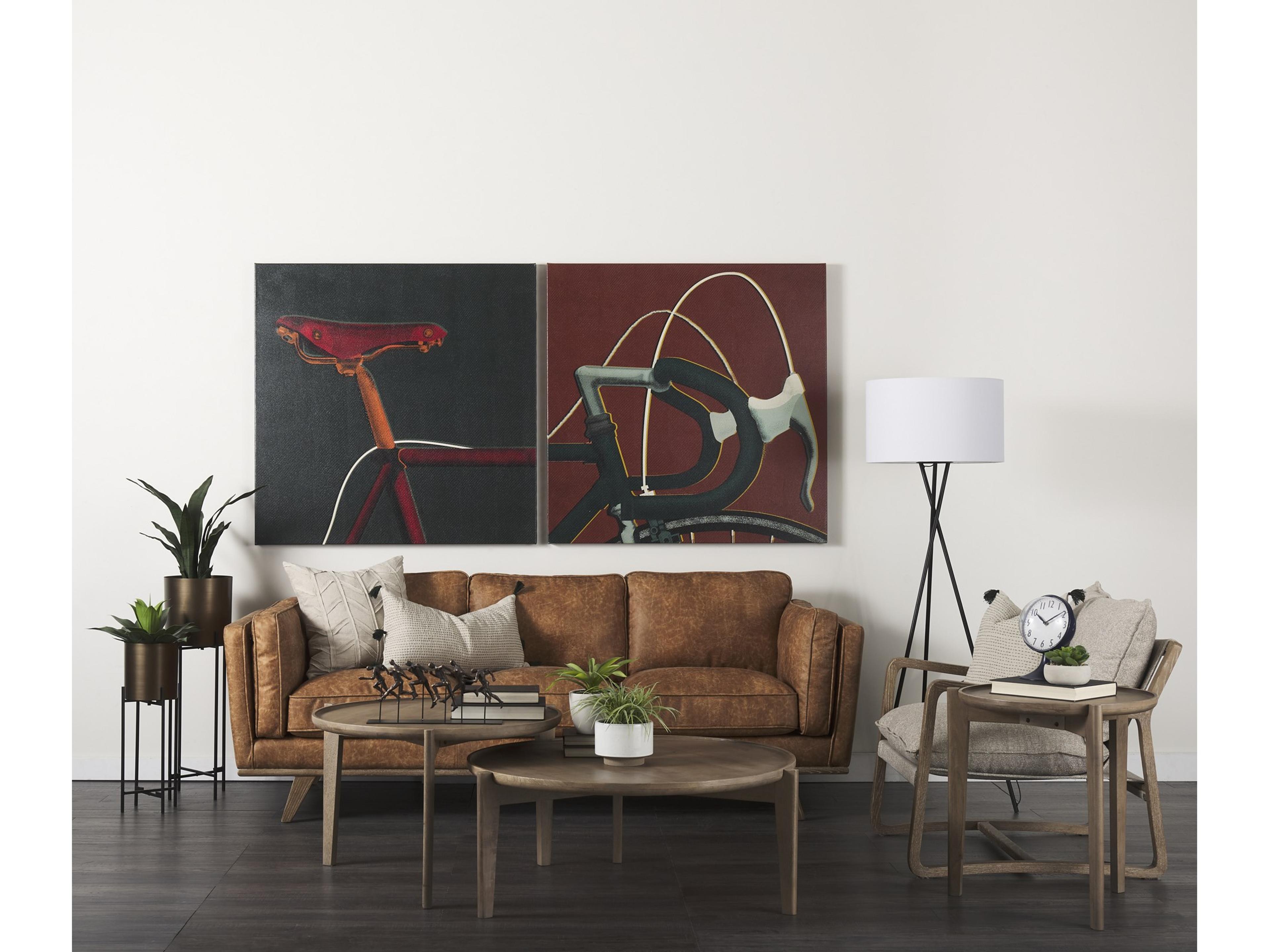 Mercana Brooks 90.2L x 34.8W x 33.5H Cognac Brown Faux Leather Three Seater Sofa W/ Medium Brown Wooden Legs