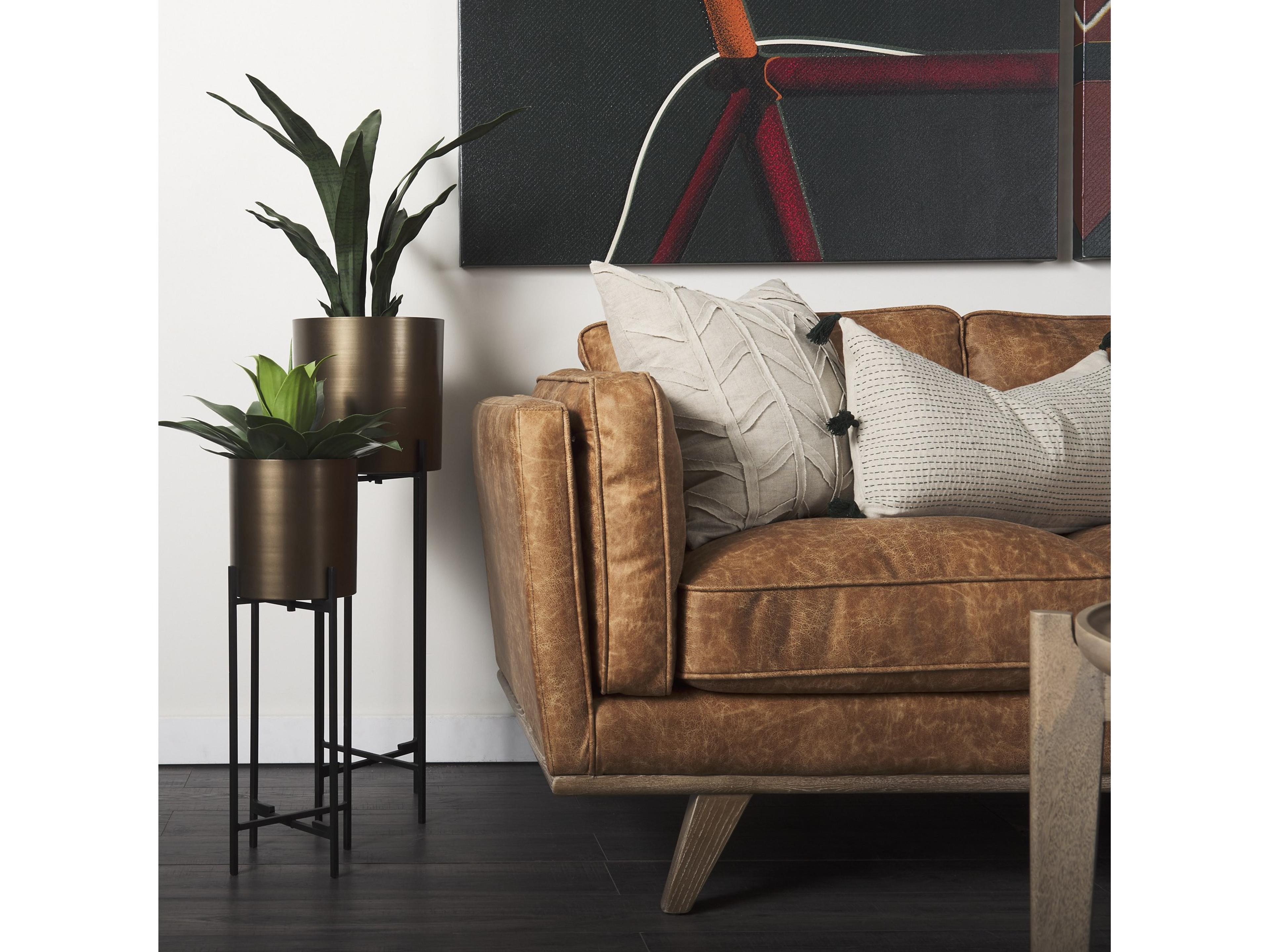 Mercana Brooks 90.2L x 34.8W x 33.5H Cognac Brown Faux Leather Three Seater Sofa W/ Medium Brown Wooden Legs