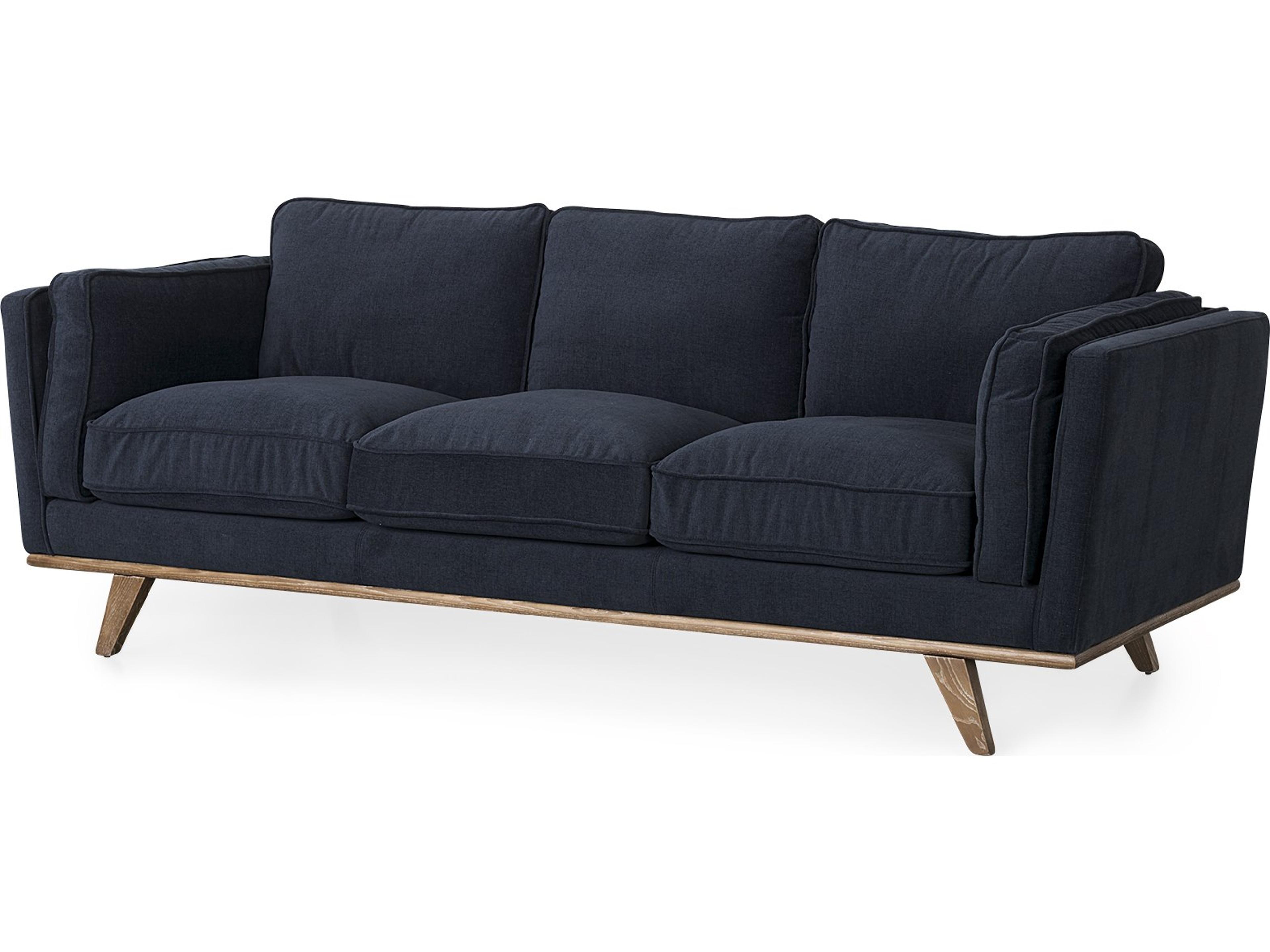 Brooks 90.2L x 34.8W x 33.5H Navy Blue Fabric Three Seater Sofa W/ Medium Brown Wooden Legs