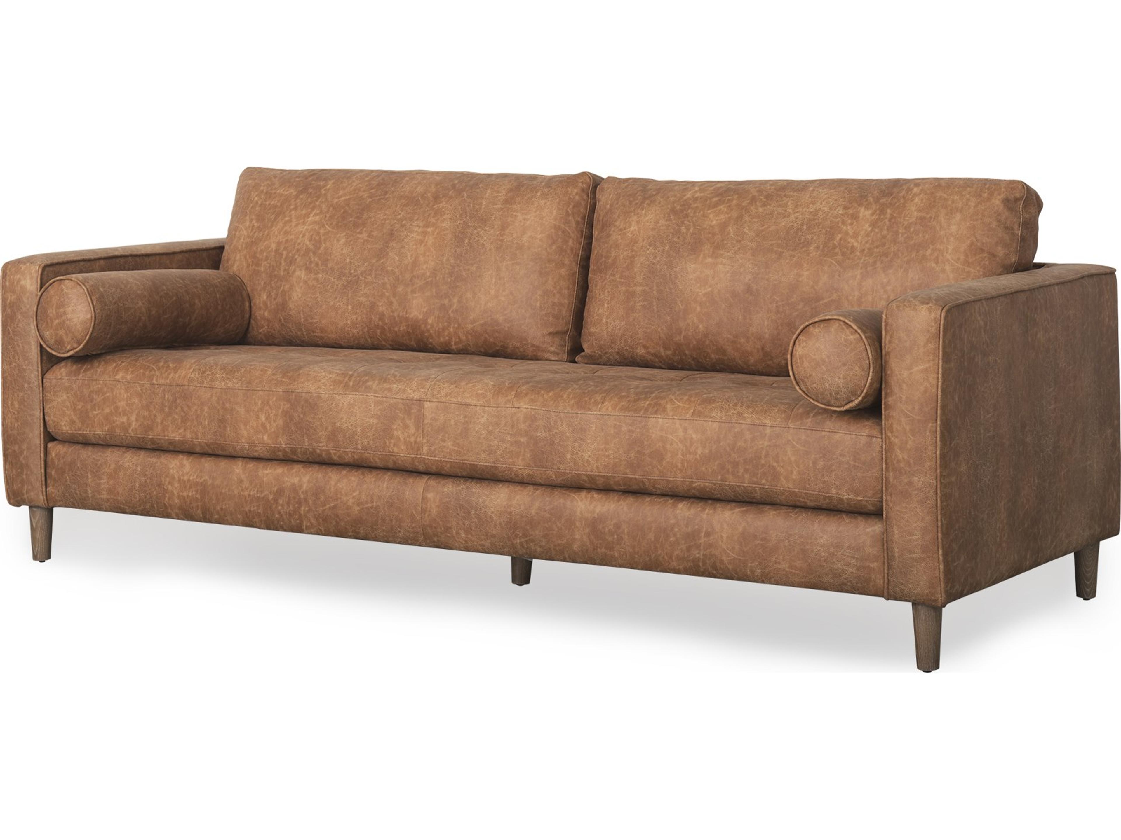 Loretta 88.0L x 36.2W x 33.9H Cognac Brown Faux Leather Three Seater Sofa with Two Bolster Cushions