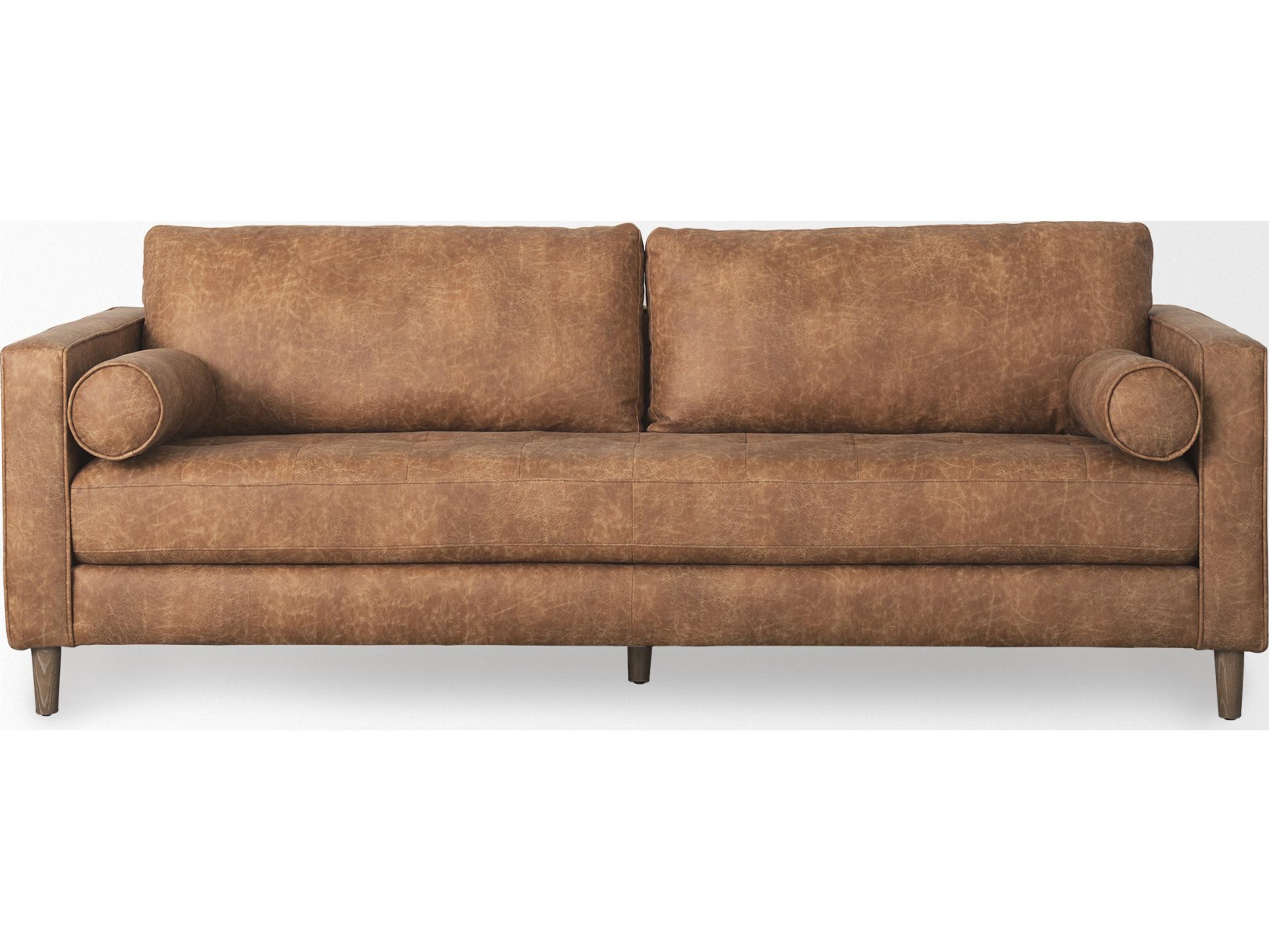 Mercana Loretta 88.0L x 36.2W x 33.9H Cognac Brown Faux Leather Three Seater Sofa with Two Bolster Cushions