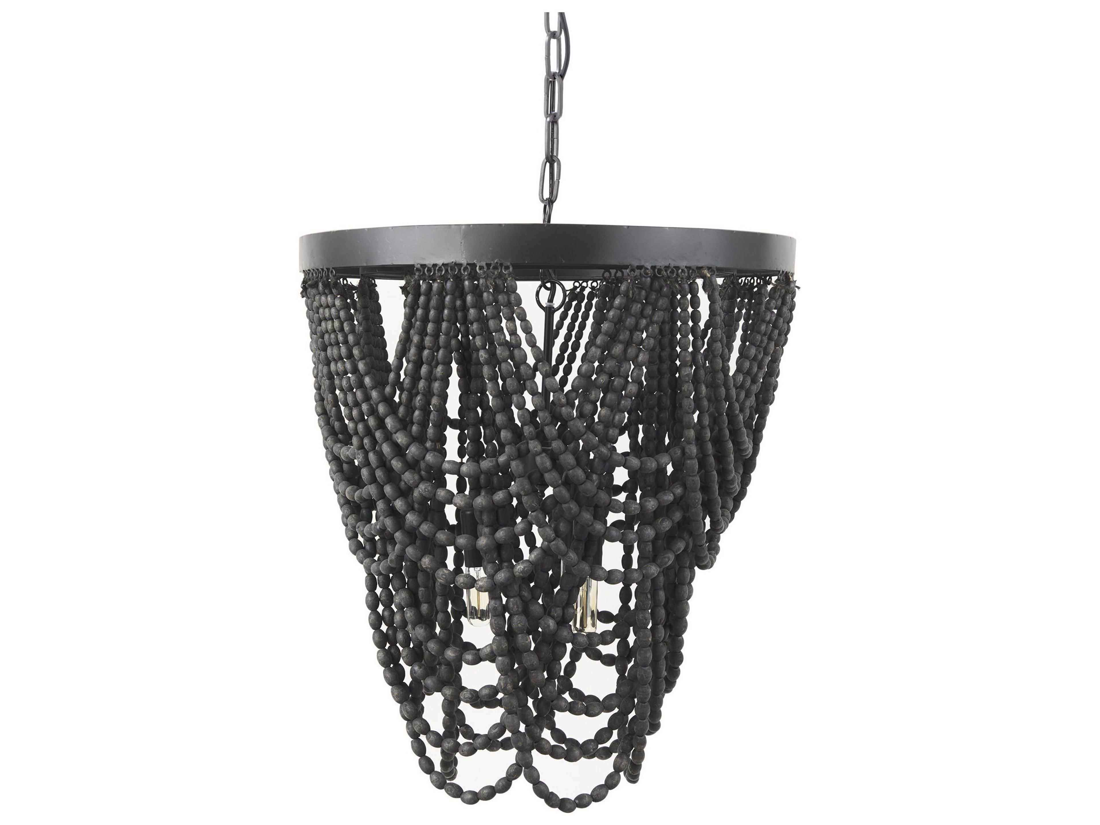 Pendra 19.7L x 19.7W x 89.0H Black Metal Wooden Bead Three Bulb Chandelier