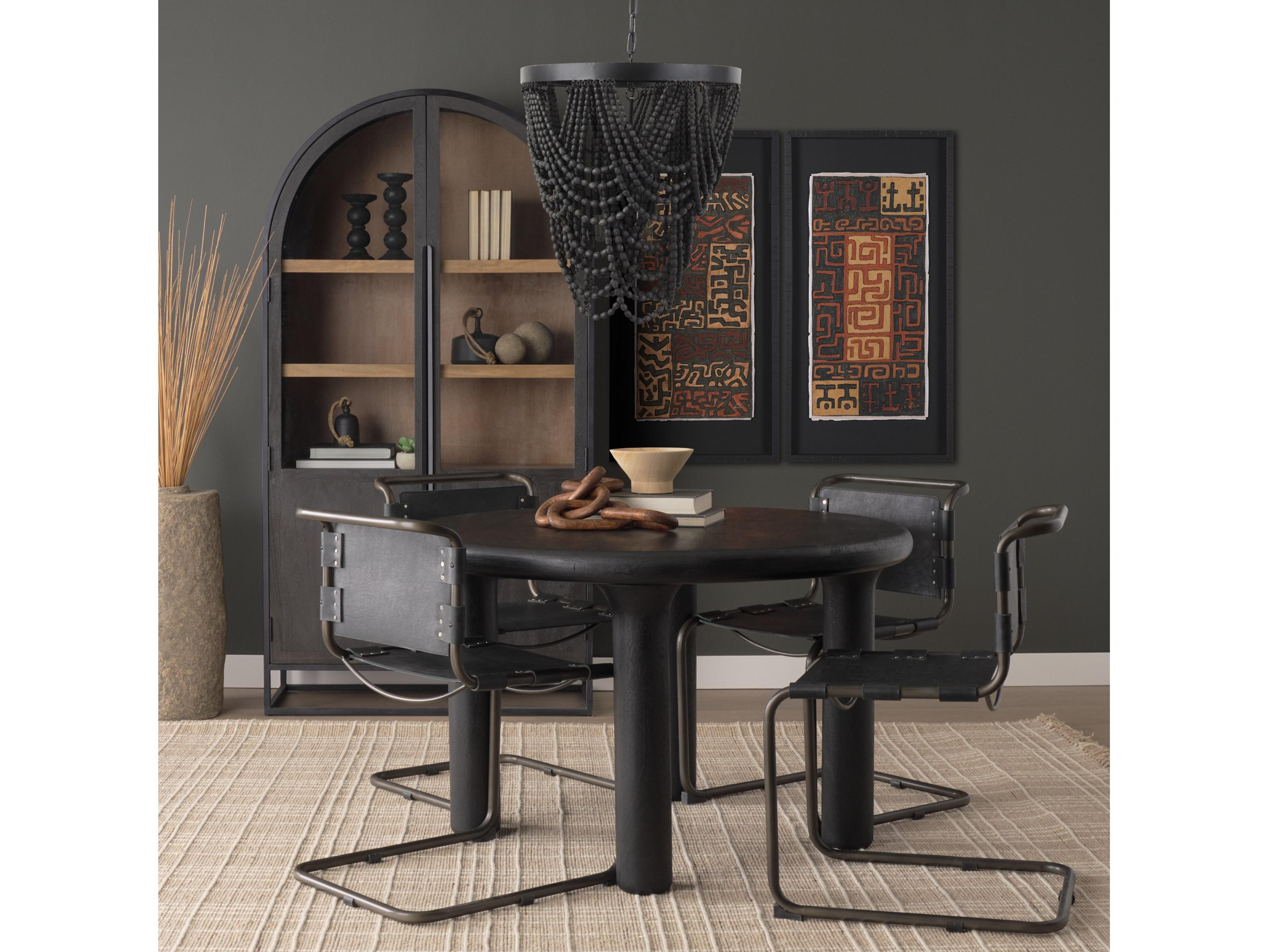 Mercana Pendra 19.7L x 19.7W x 89.0H Black Metal Wooden Bead Three Bulb Chandelier