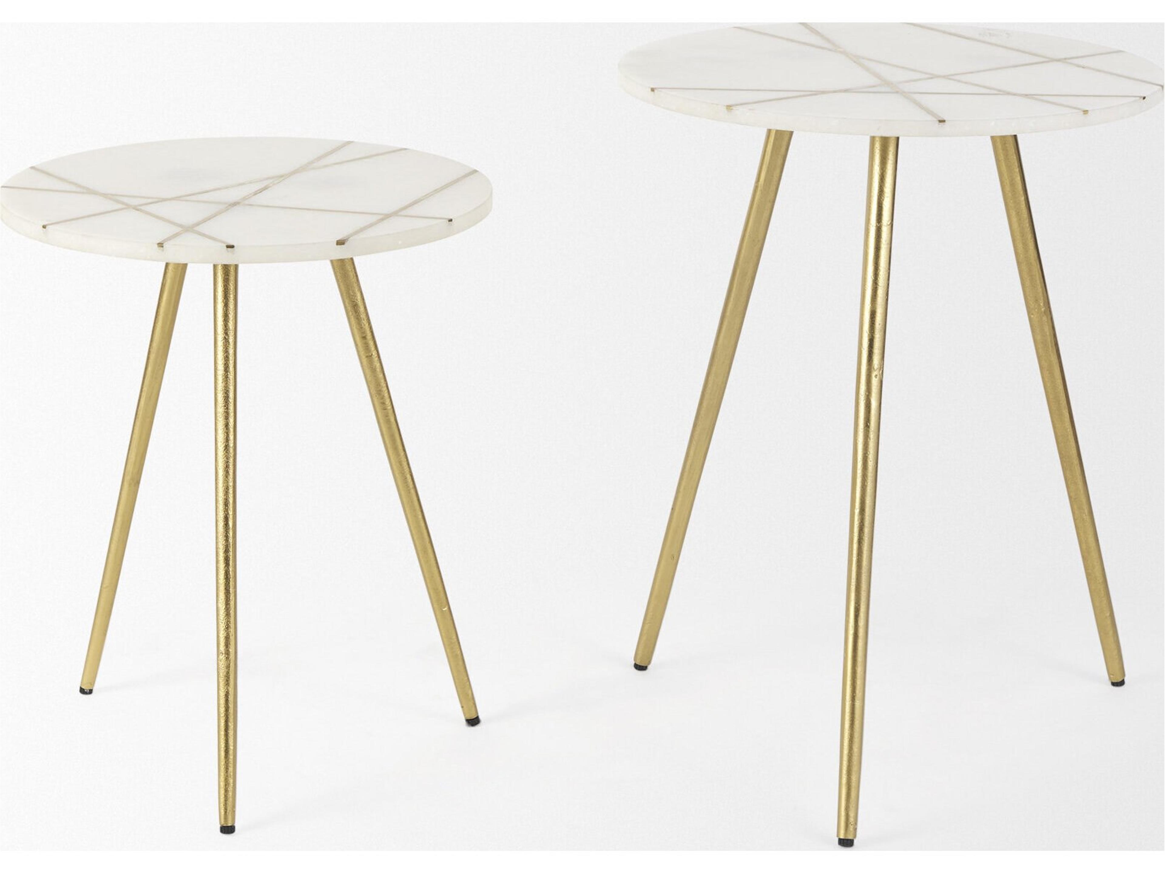 Mercana Vivienne  16.0L x 16.0W x 19.0H White Marble W/Antique Gold Metal Round Small Side Table