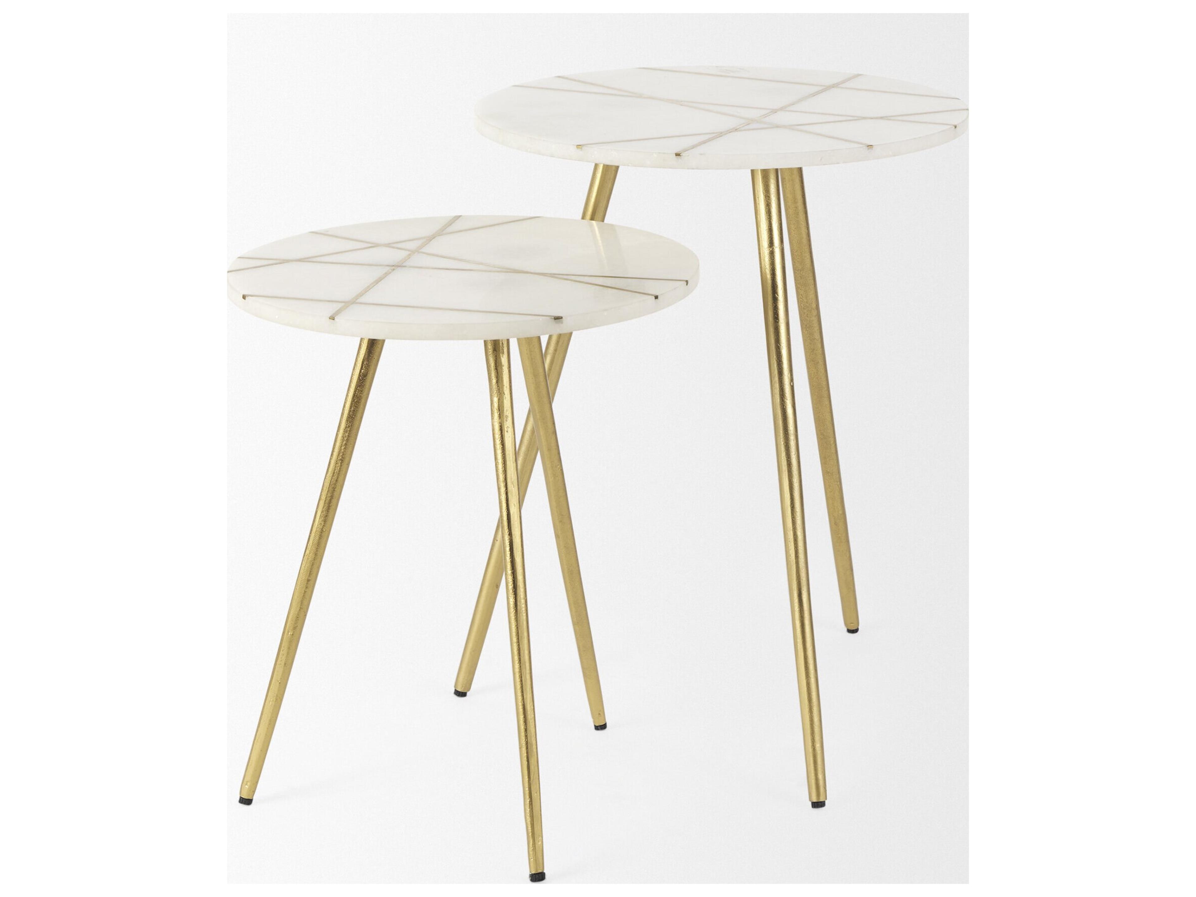 Mercana Vivienne  16.0L x 16.0W x 19.0H White Marble W/Antique Gold Metal Round Small Side Table