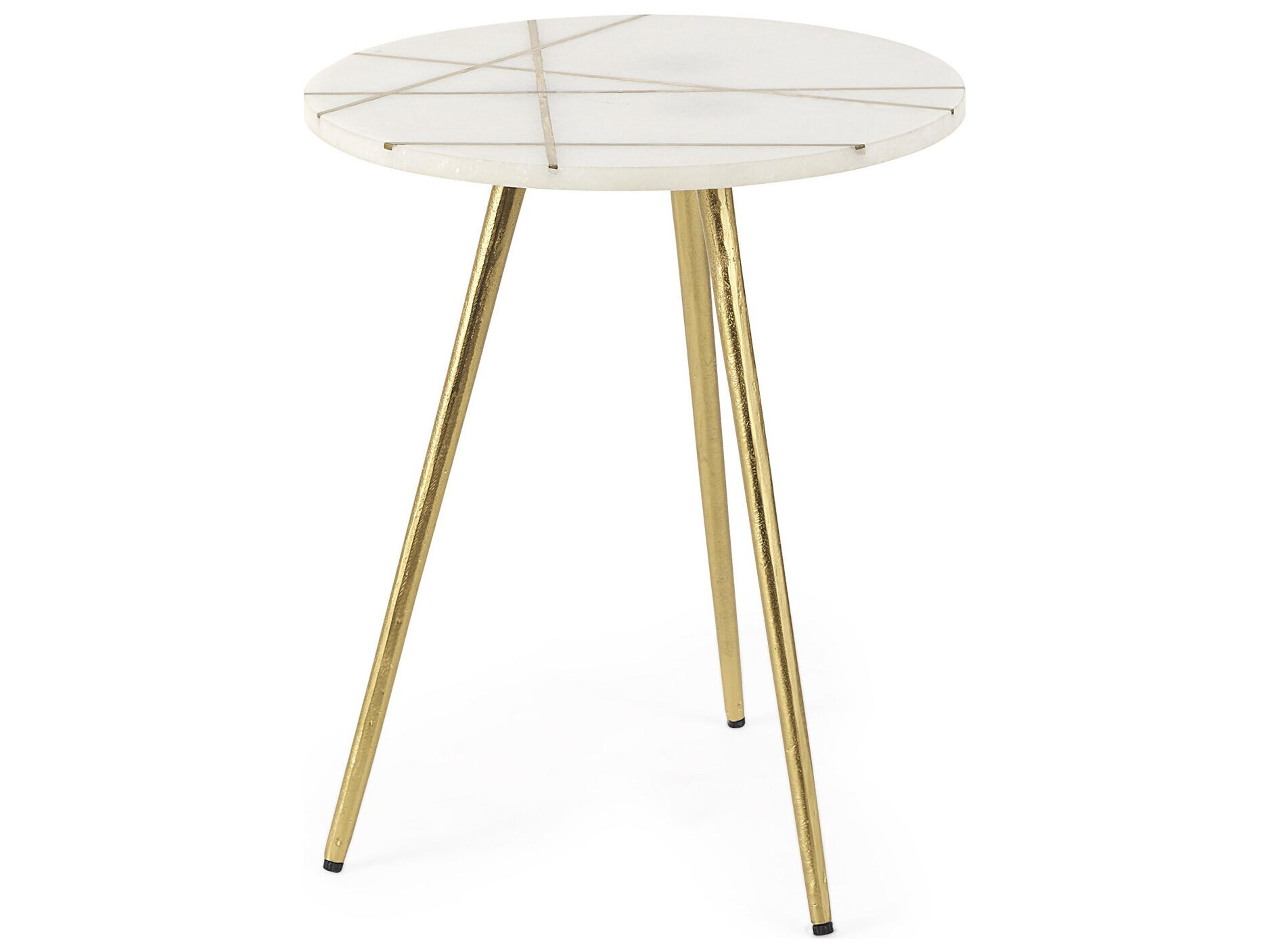 Vivienne  16.0L x 16.0W x 19.0H White Marble W/Antique Gold Metal Round Small Side Table