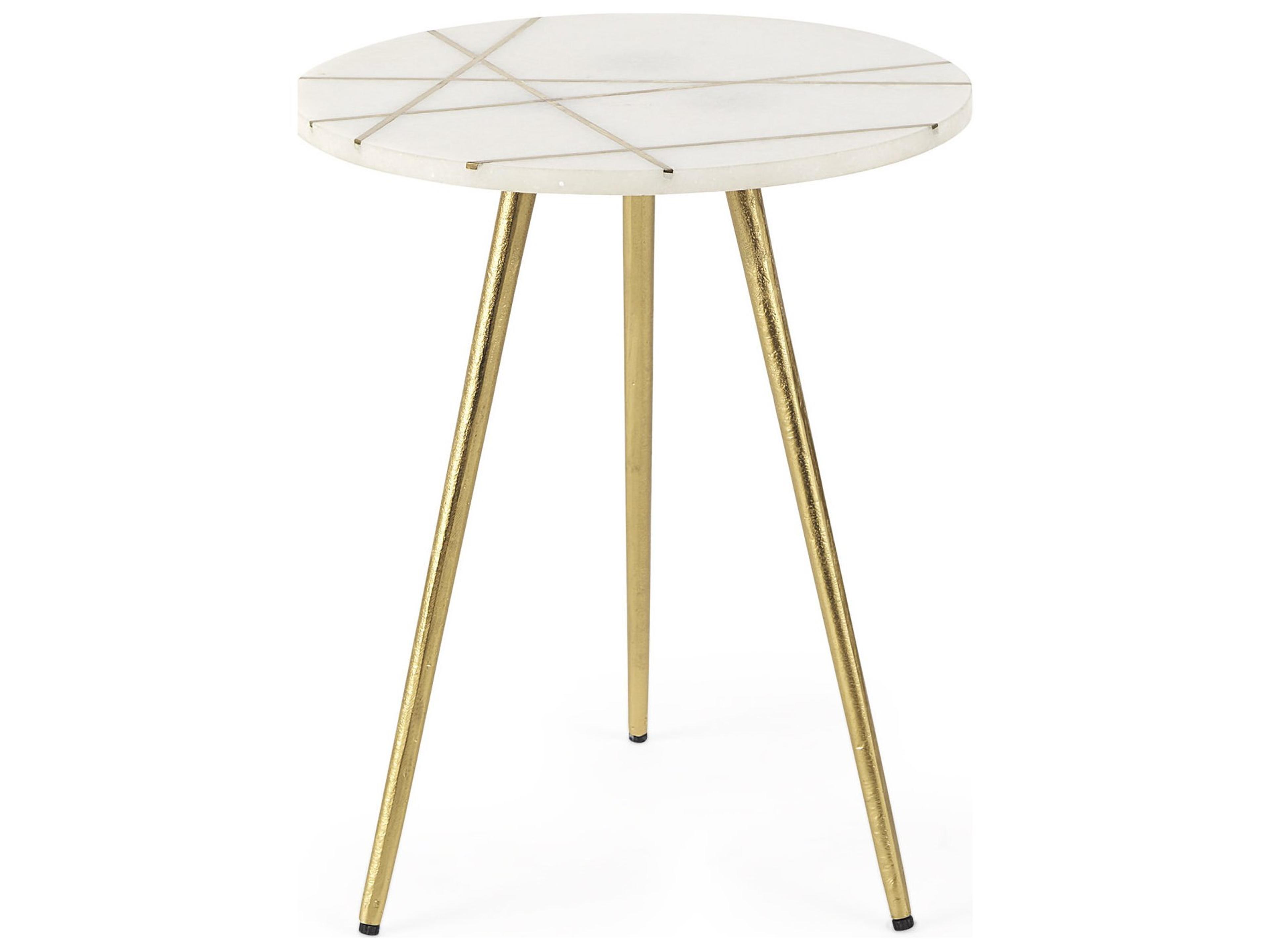 Mercana Vivienne  16.0L x 16.0W x 19.0H White Marble W/Antique Gold Metal Round Small Side Table