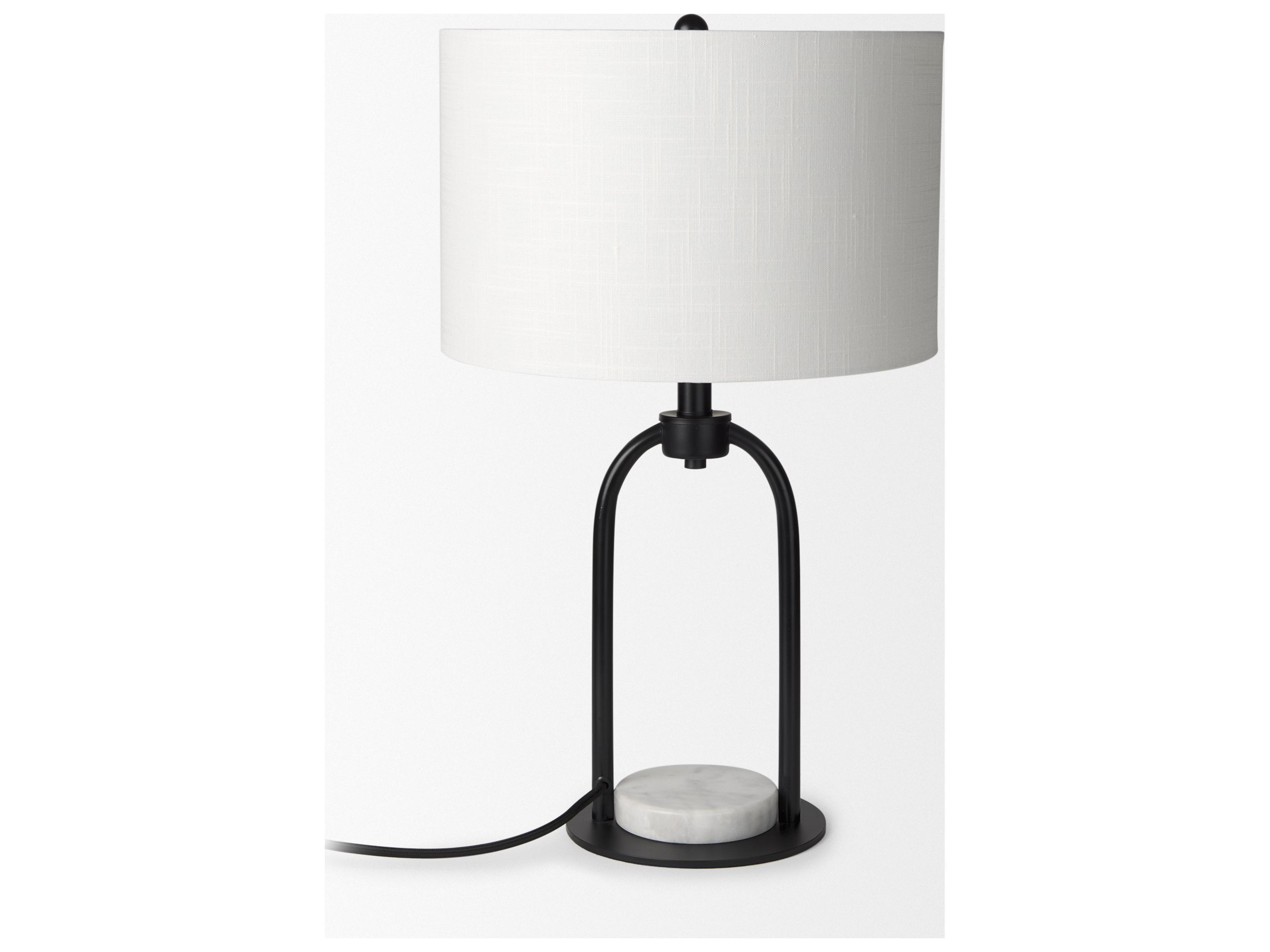 Mercana Sarah 15.0L x 10.0W x 22.2H Arched Black Metal W/Marble Cube and White Shade Table Lamp