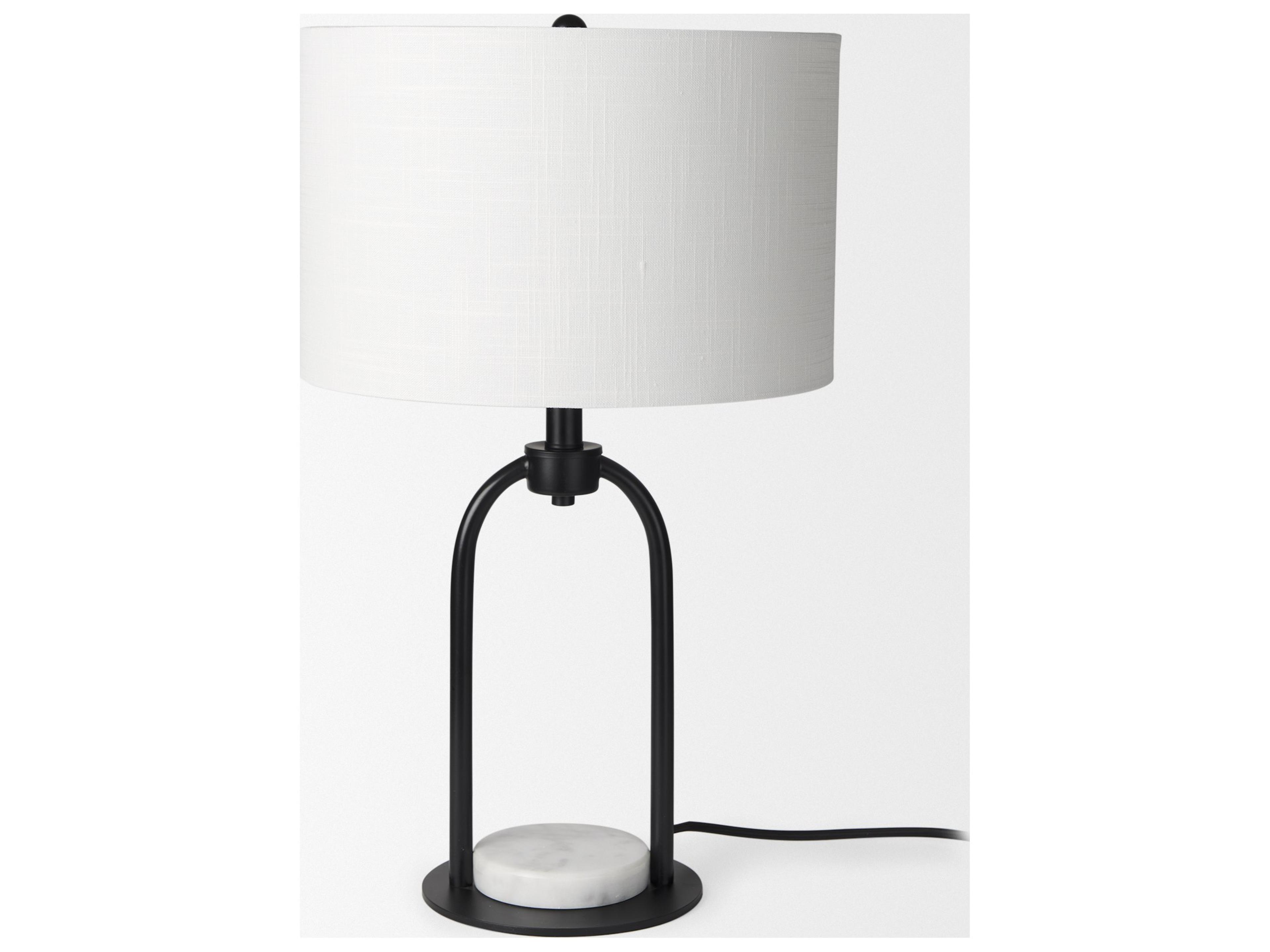 Mercana Sarah 15.0L x 10.0W x 22.2H Arched Black Metal W/Marble Cube and White Shade Table Lamp