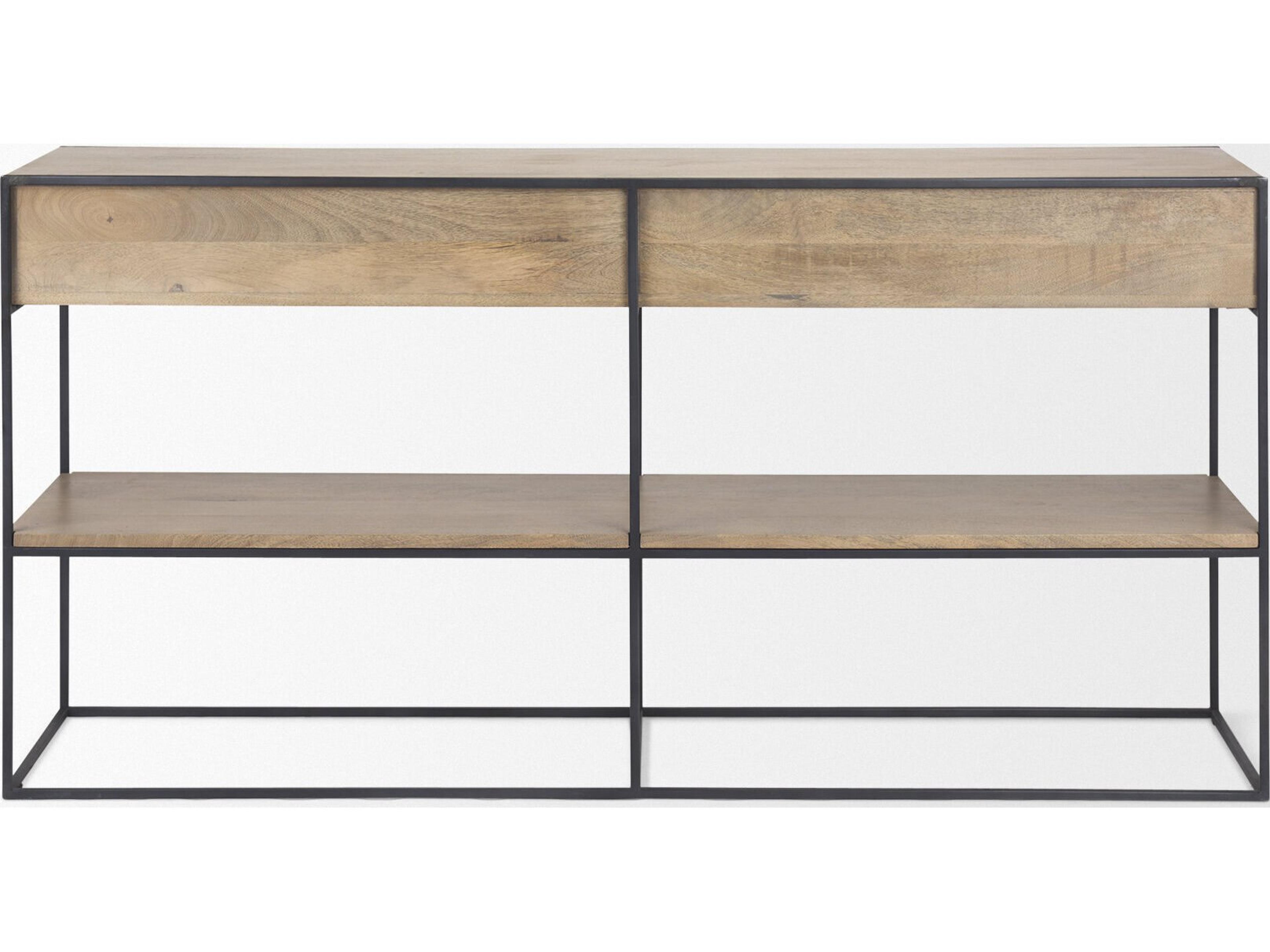 Mercana Morris 63.0L x 15.0W x 31.0H Beige Wood w/ Black Metal Frame 2 Drawer Console Table