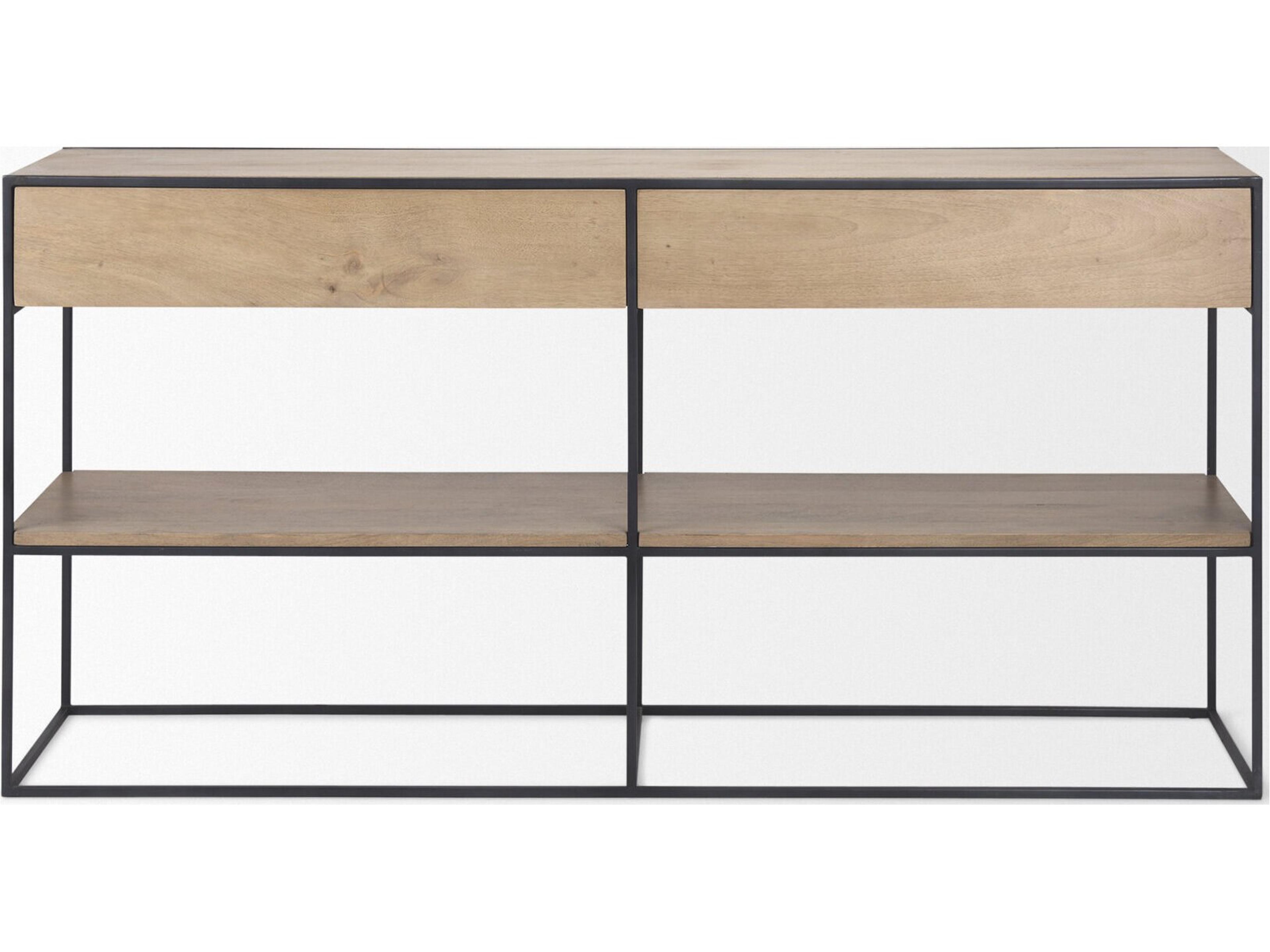 Mercana Morris 63.0L x 15.0W x 31.0H Beige Wood w/ Black Metal Frame 2 Drawer Console Table