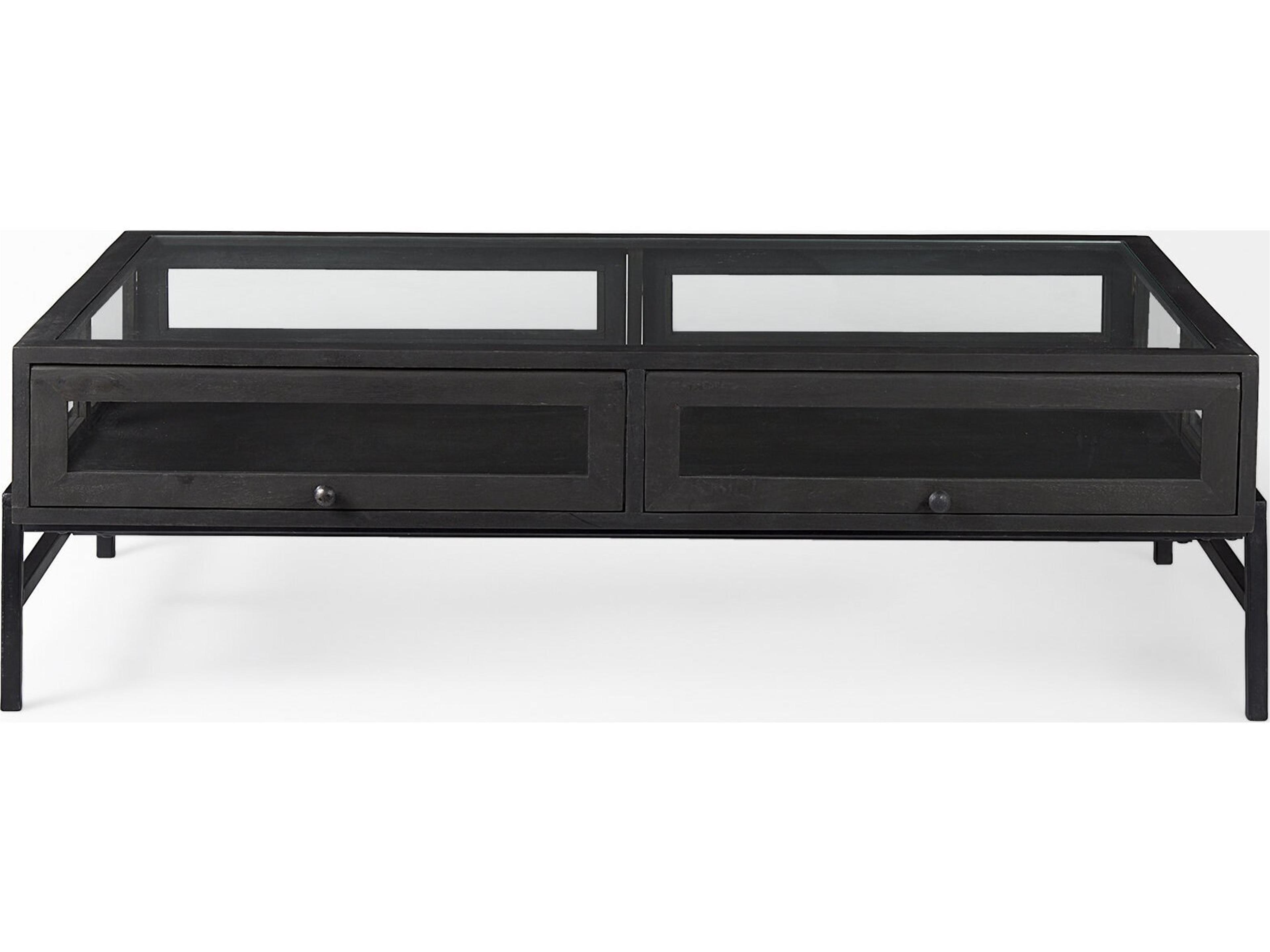 Mercana Arelius 42"L Rectangular Glass-Top Black-Brown Wood w/ Black Metal Base Display Coffee Table