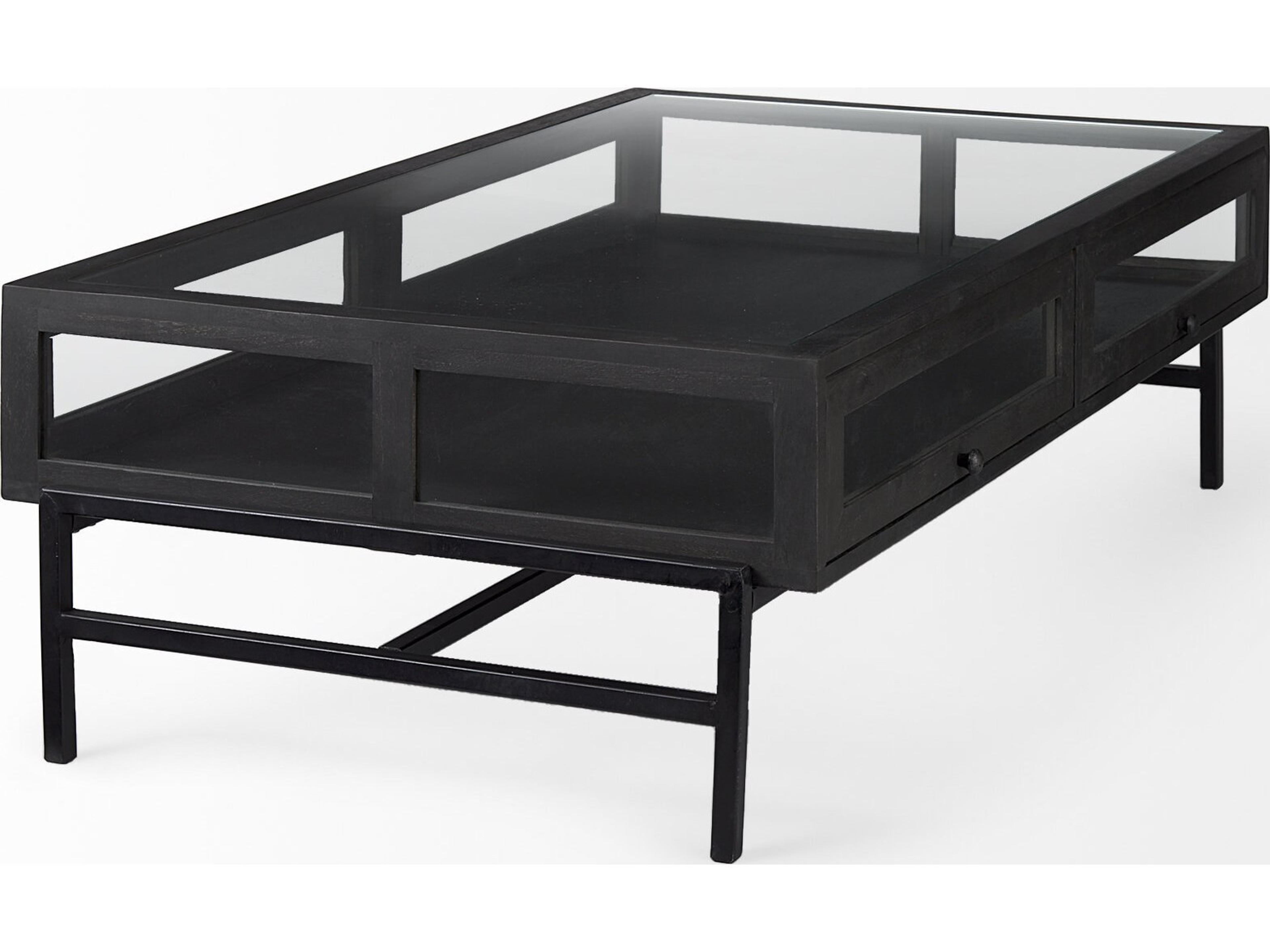 Mercana Arelius 42"L Rectangular Glass-Top Black-Brown Wood w/ Black Metal Base Display Coffee Table