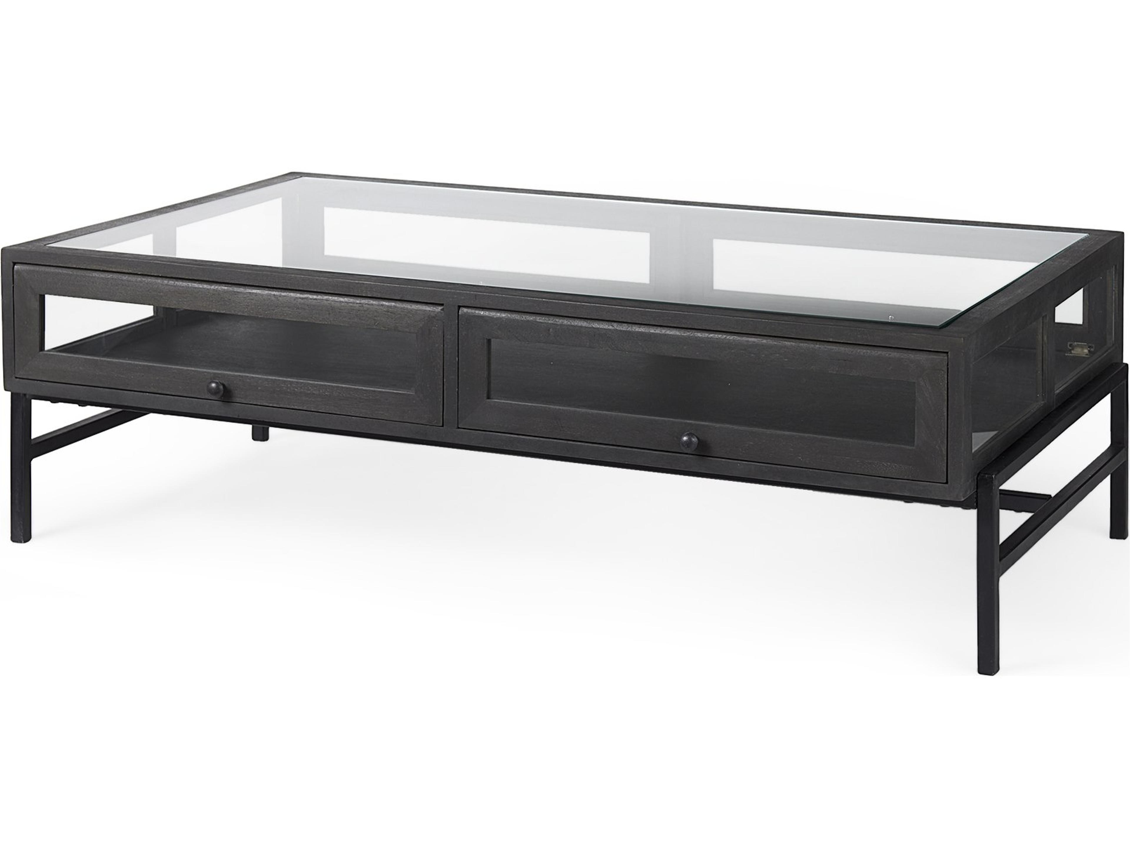 Arelius 42"L Rectangular Glass-Top Black-Brown Wood w/ Black Metal Base Display Coffee Table