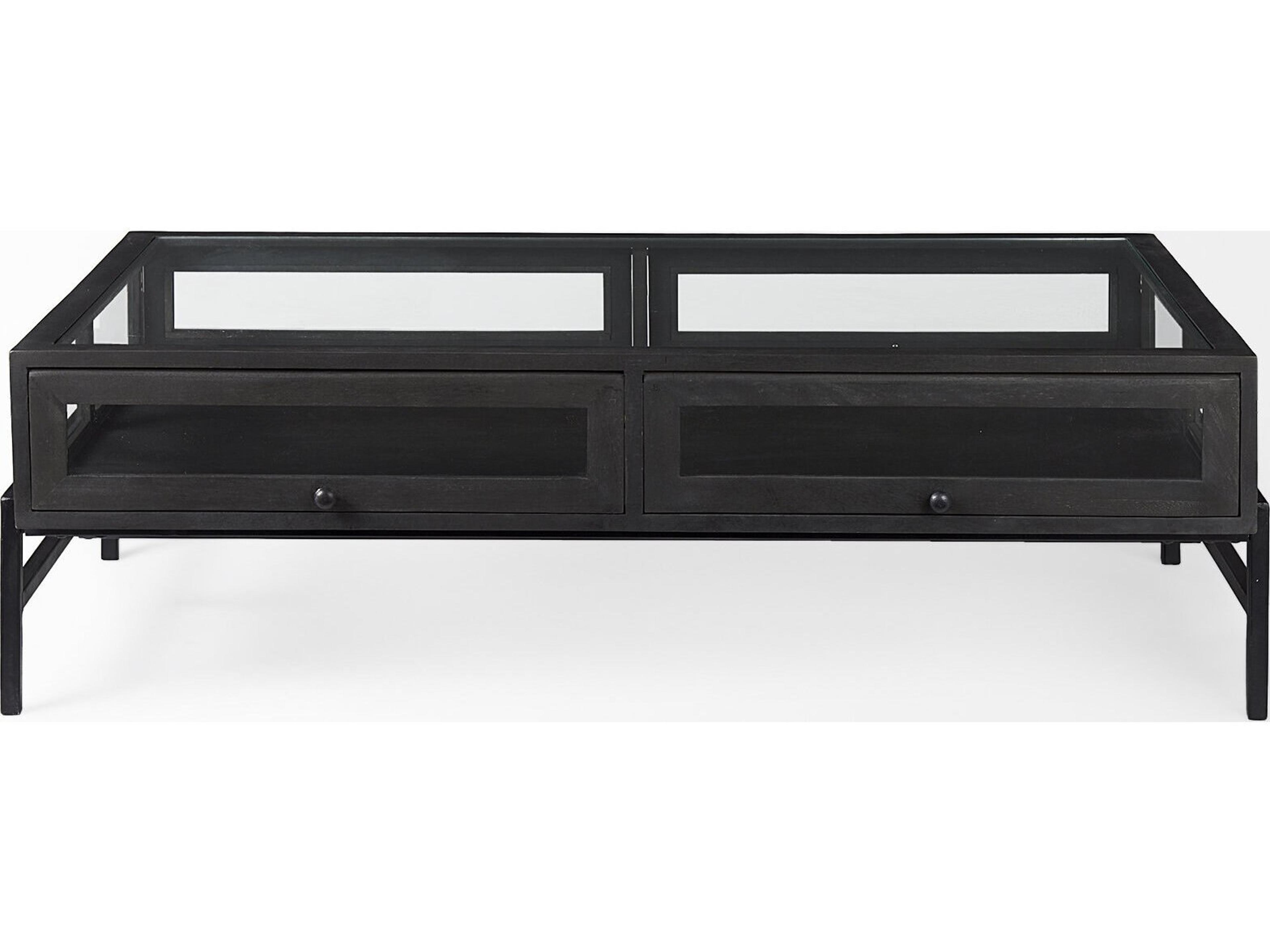 Mercana Arelius 42"L Rectangular Glass-Top Black-Brown Wood w/ Black Metal Base Display Coffee Table