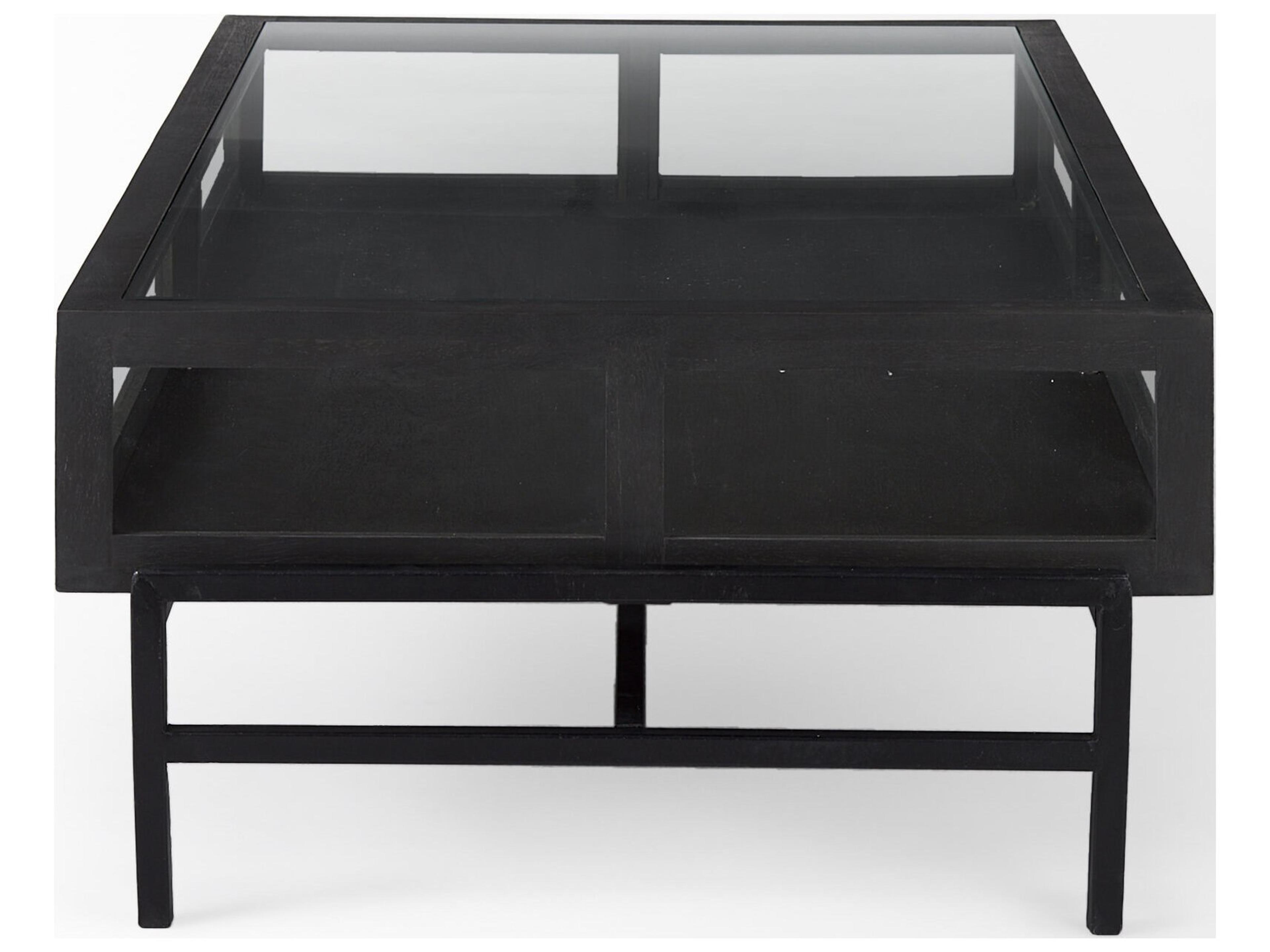 Mercana Arelius 42"L Rectangular Glass-Top Black-Brown Wood w/ Black Metal Base Display Coffee Table