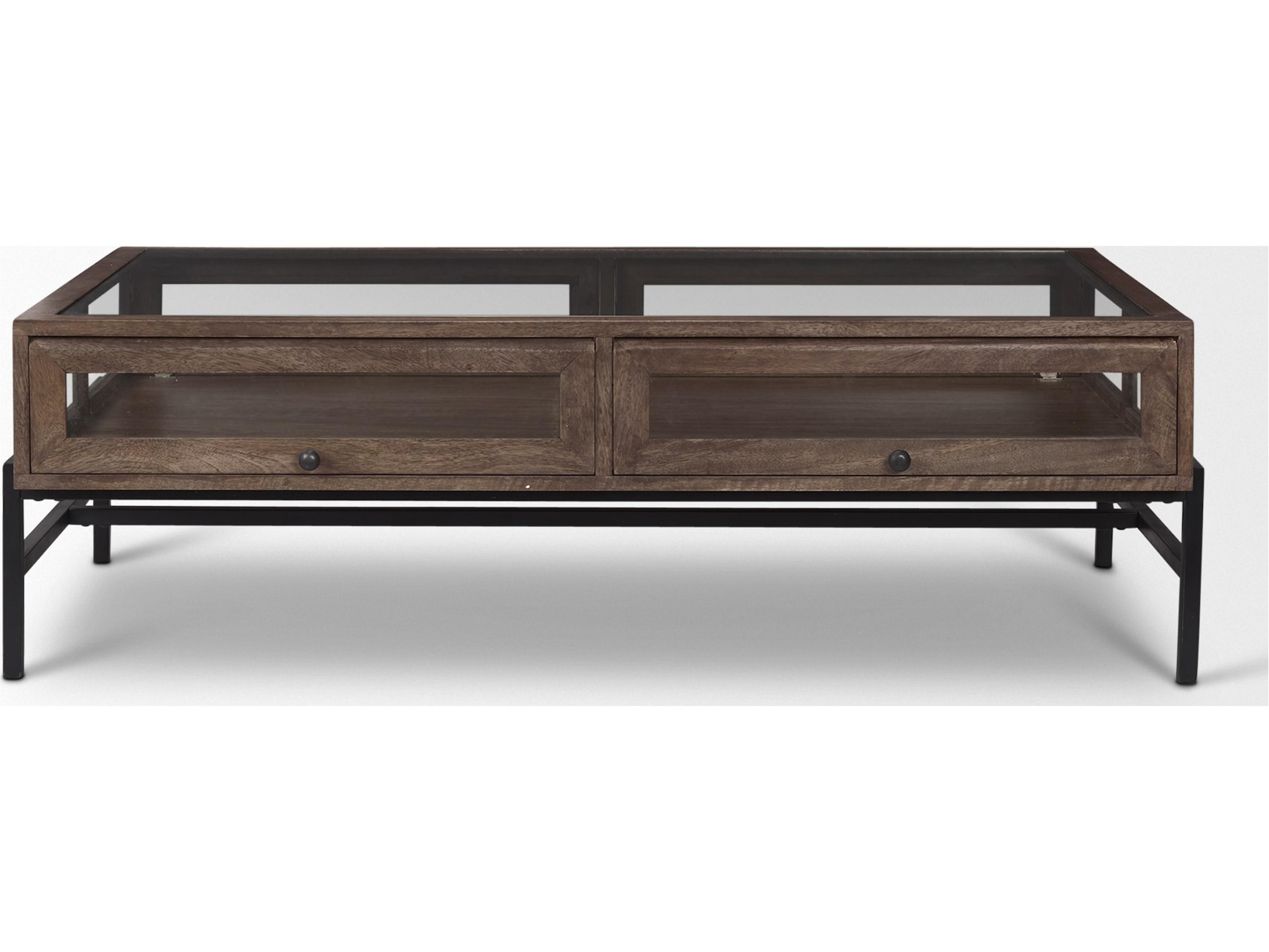 Mercana Arelius Rectangular Glass-Top Medium Brown Wood w/ Black Metal Base Display Coffee Table