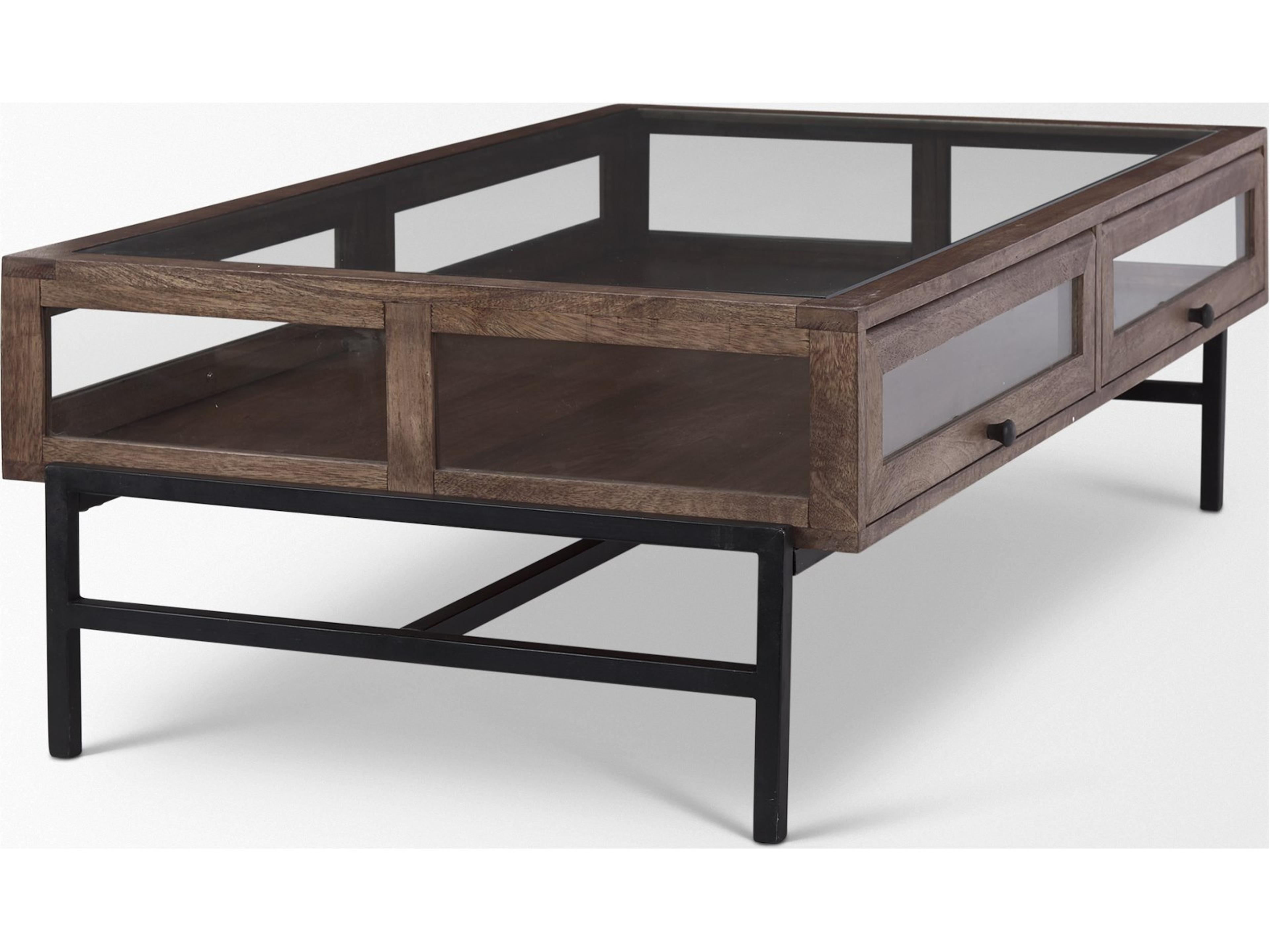 Mercana Arelius Rectangular Glass-Top Medium Brown Wood w/ Black Metal Base Display Coffee Table