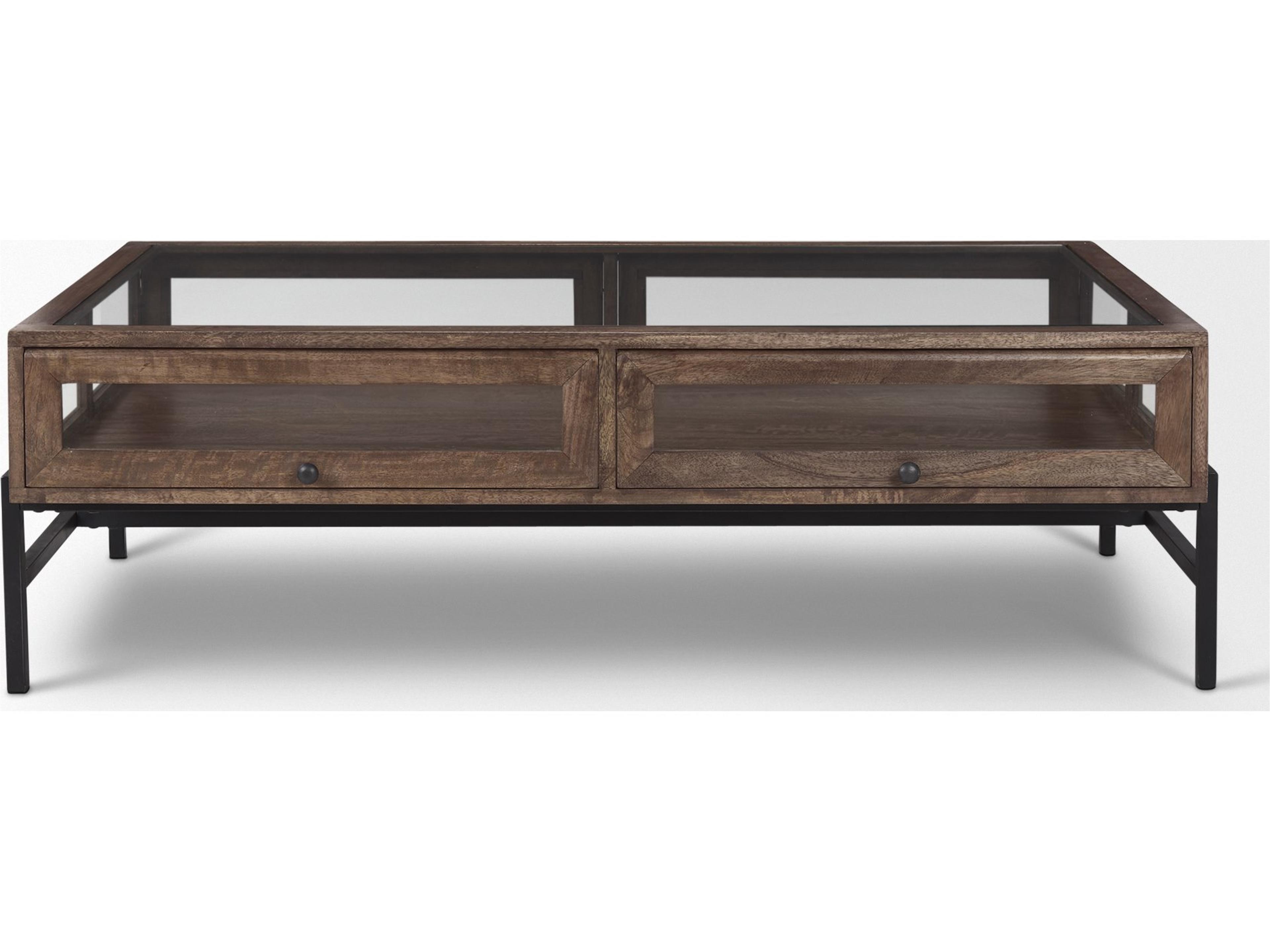 Mercana Arelius Rectangular Glass-Top Medium Brown Wood w/ Black Metal Base Display Coffee Table