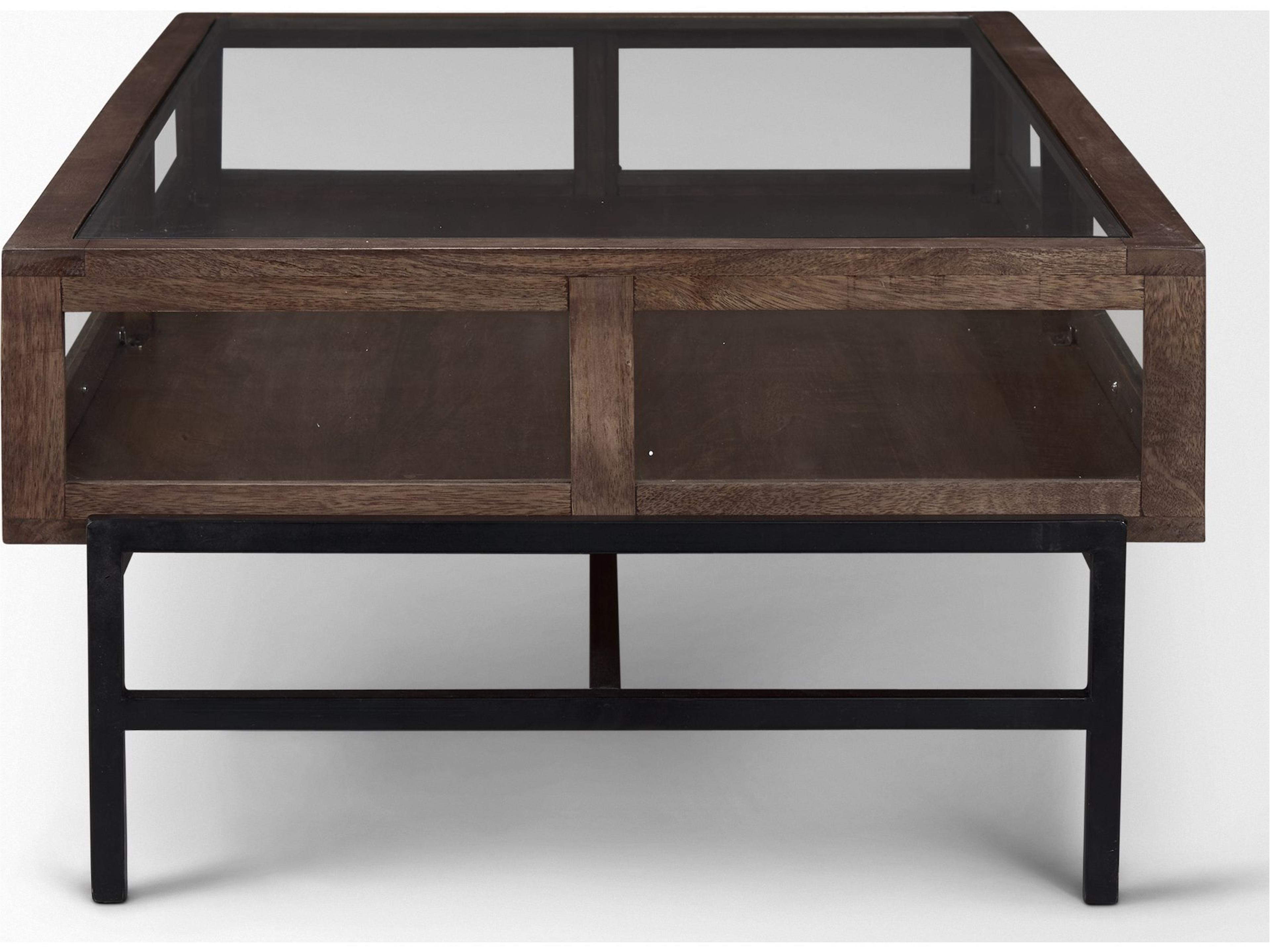 Mercana Arelius Rectangular Glass-Top Medium Brown Wood w/ Black Metal Base Display Coffee Table