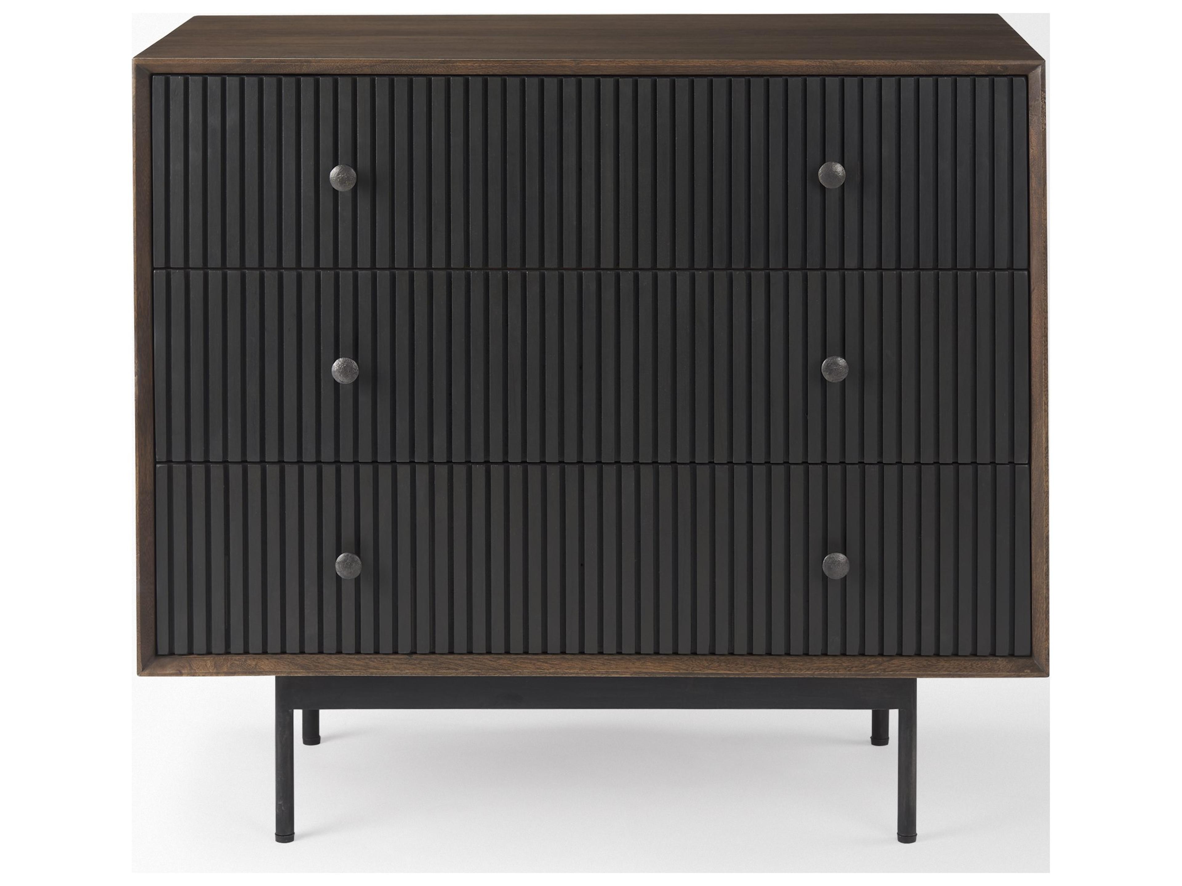 Mercana Grace 35.5L x 18.0W x 31.0H Medium Brown Wood W/Black Metal Frame 3 Drawer Accent Cabinet