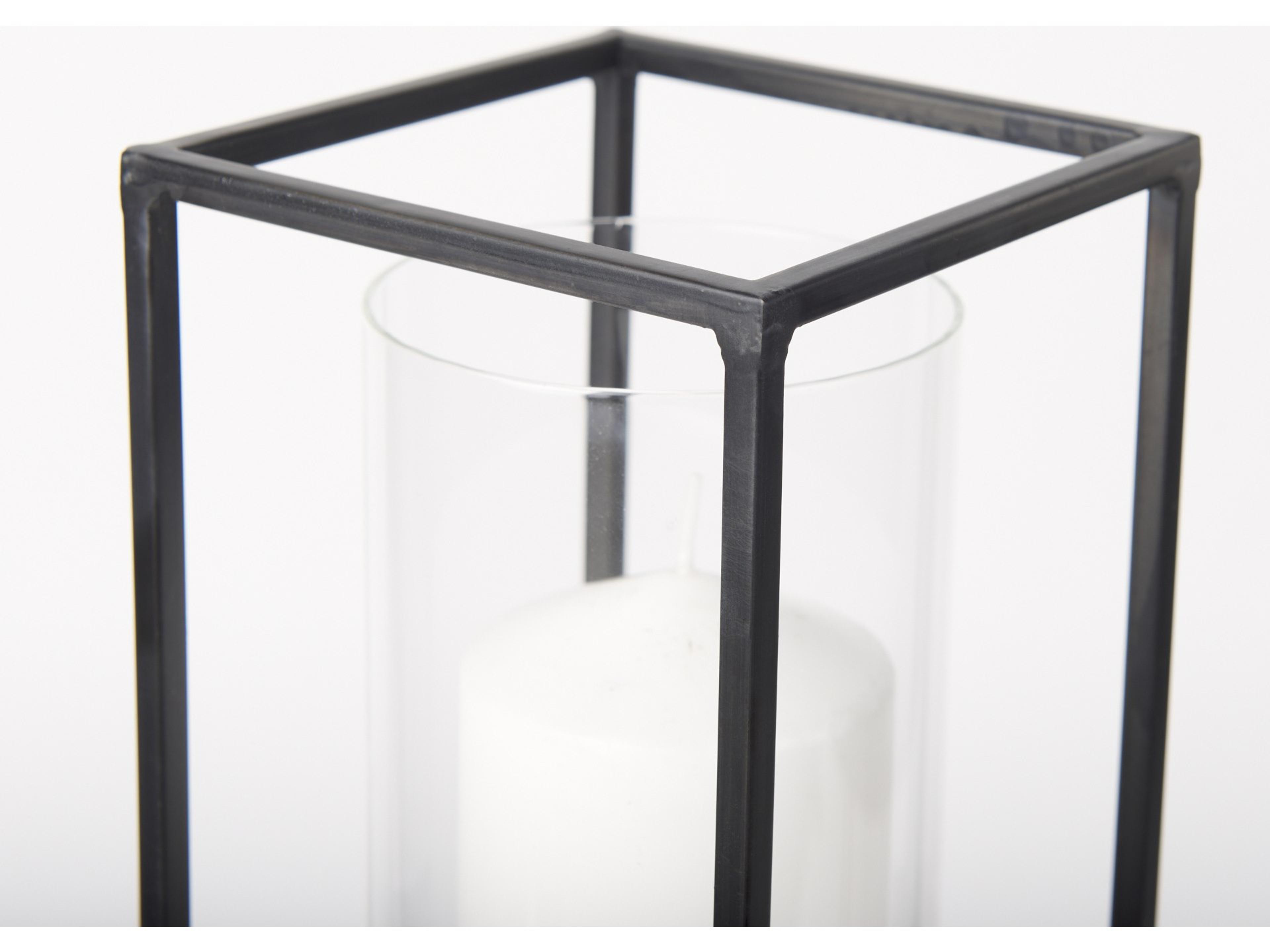 Mercana Cindy Set of 2 Matte Black Metal and Hurricane Glass Pillar Tabletop Candle Holders